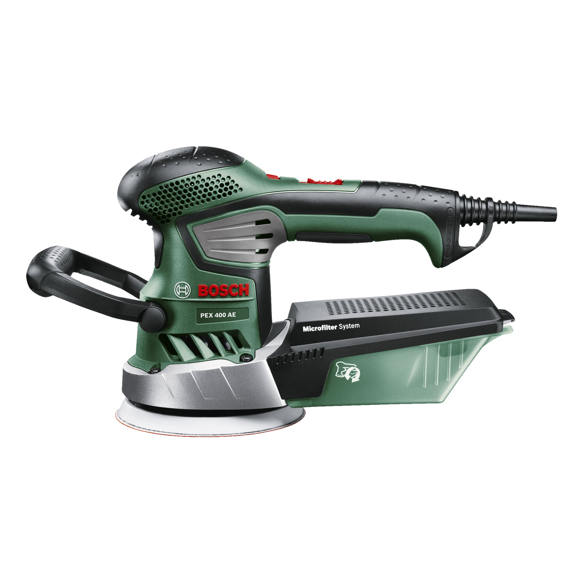 Bosch Eccentric Sander PEX 400 AE med svart och grön kaross, svart handtag och en dammlåda märkt Microfilter System.