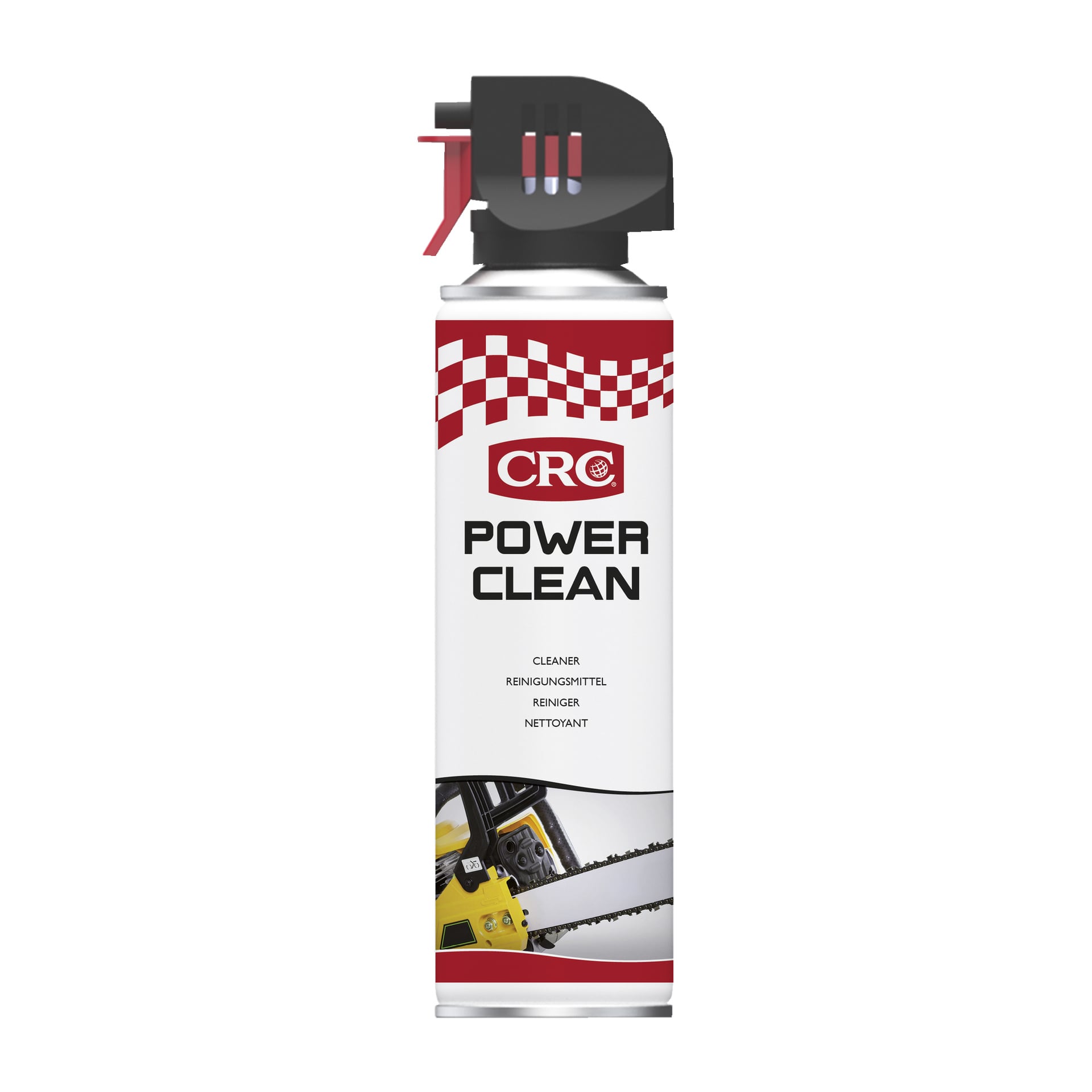 En burk CRC Power Clean rengöringsmedel med svart och rött munstycke, ett rött och vitt schackrutt mönster och en bild på en motorsåg nära botten. Etiketten innehåller text som beskriver produkten som ett rengöringsmedel.