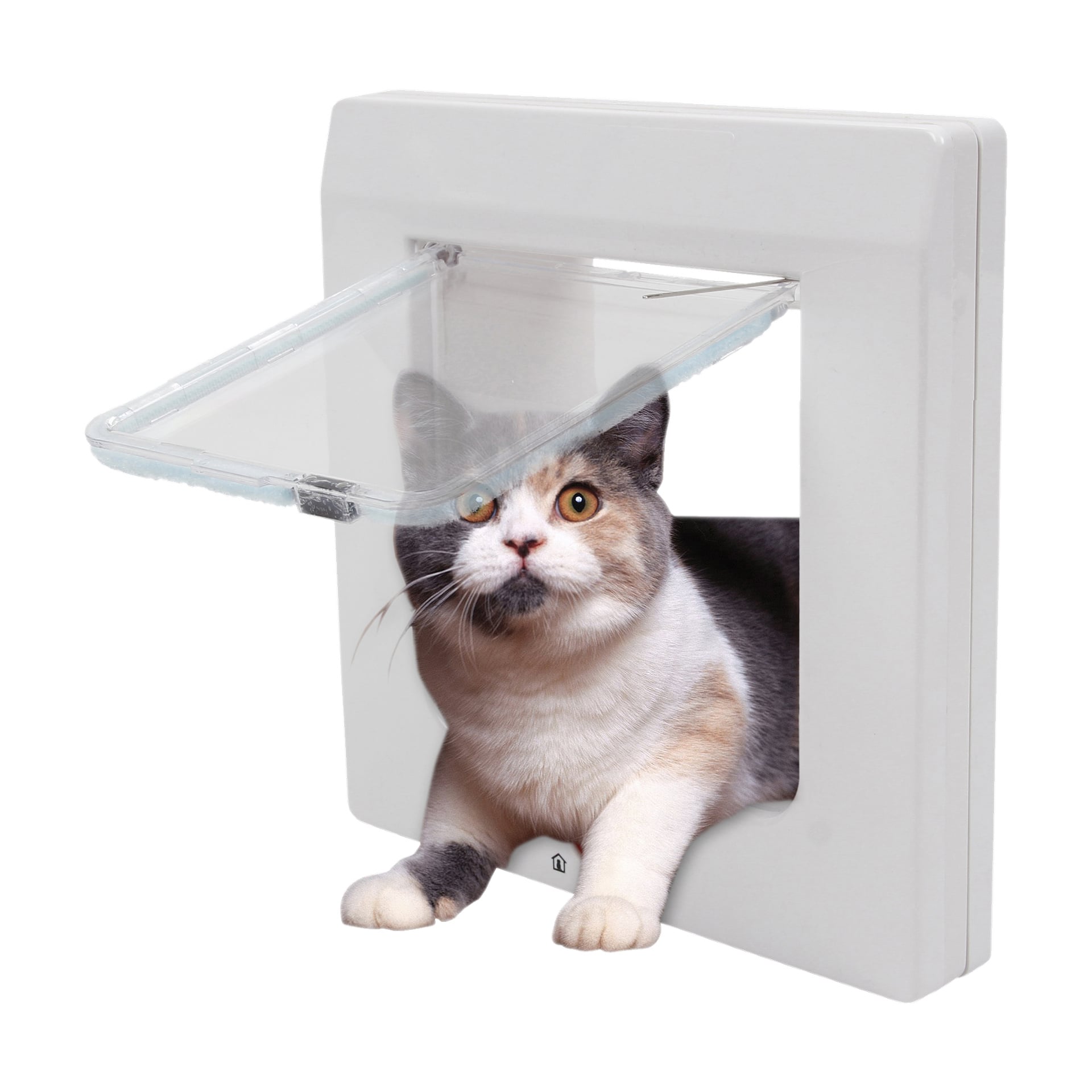 Kot jest w połowie drogi przez drzwi Kayoba Cat, z głową i przednimi łapami poza przezroczystą klapą, podczas gdy tylne łapy i ciało wciąż są w środku.