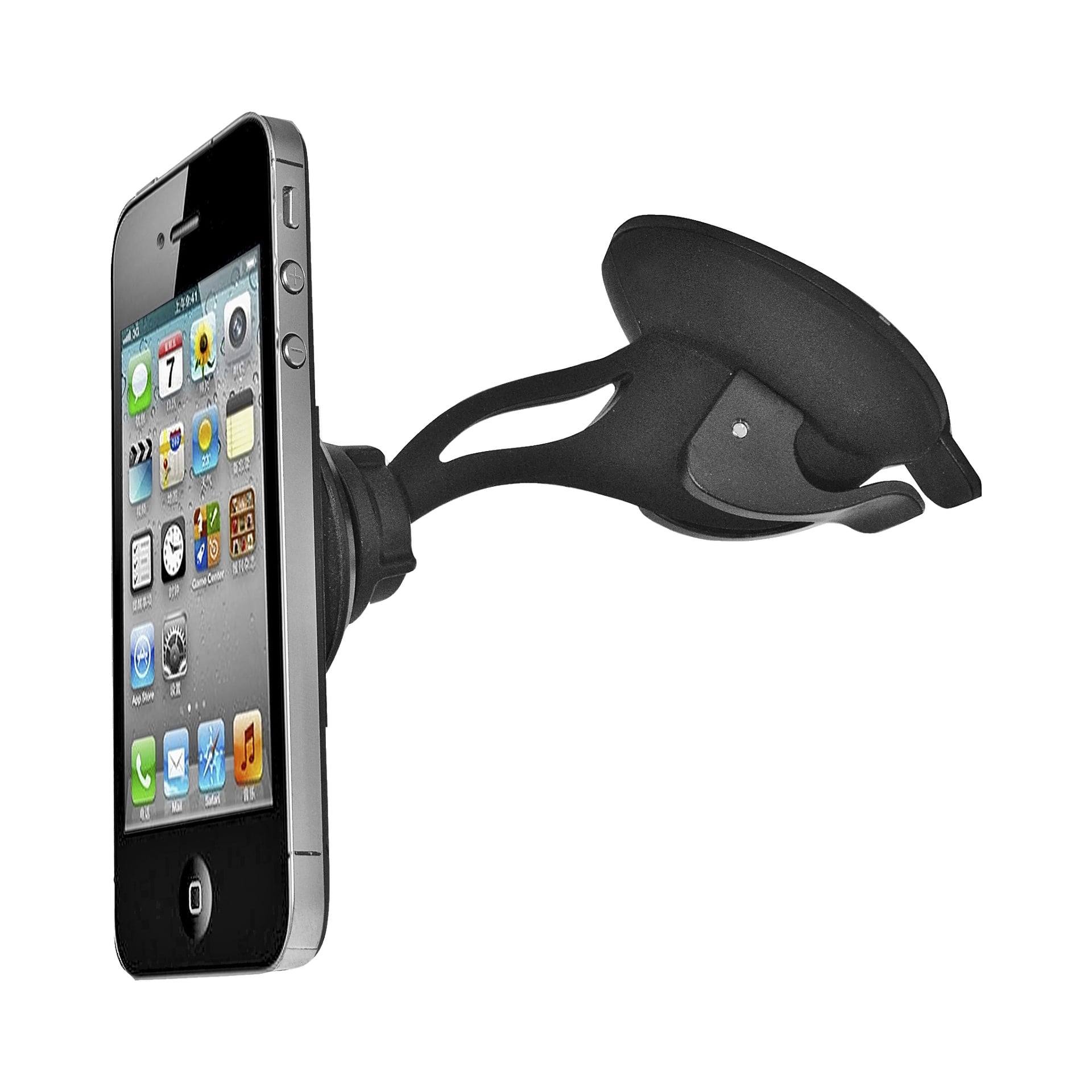 En smarttelefon er montert på Marquant Magnetic universalholderen, en svart justerbar bilsugeholder, med startskjermen som viser Hjem.