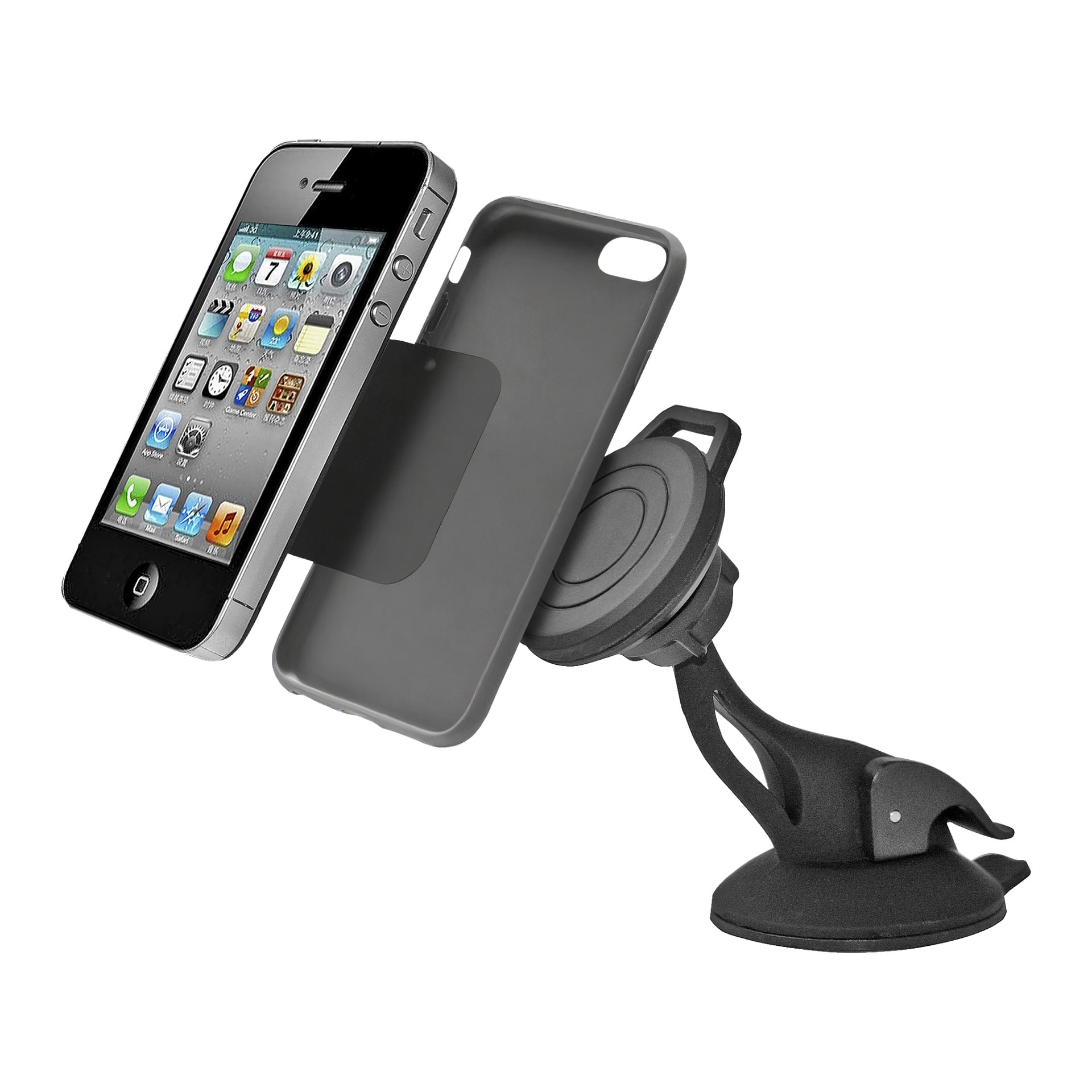 En smarttelefon i et etui kobles til Marquant Magnetic universalholderen, et svart sugkopp-bilfeste med roterende ledd.