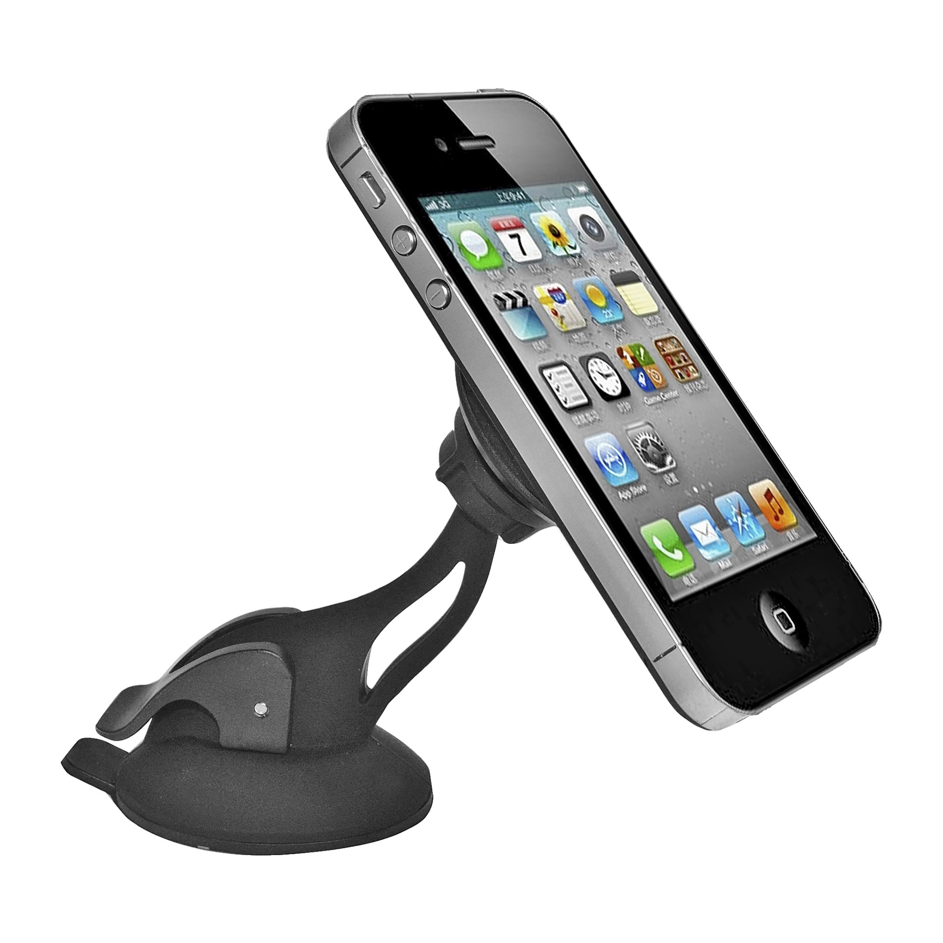 En Marquant Magnetic universalholder med sugekoppbase og justerbar arm holder en iPhone 4, som viser app-ikoner og datoen søndag 7. juni.