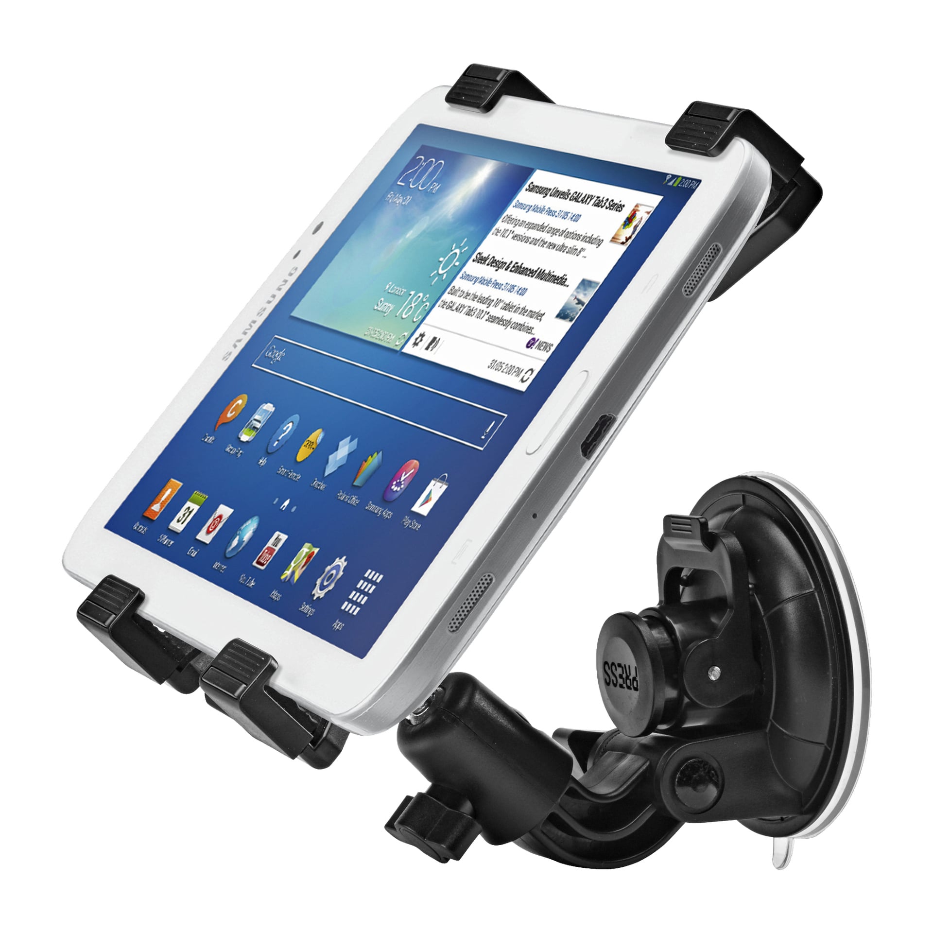 Uchwyt na tablet Marquant z przyssawką trzyma tablet na miejscu, wyświetlając niebieski ekran główny wypełniony ikonami aplikacji i widgetami.