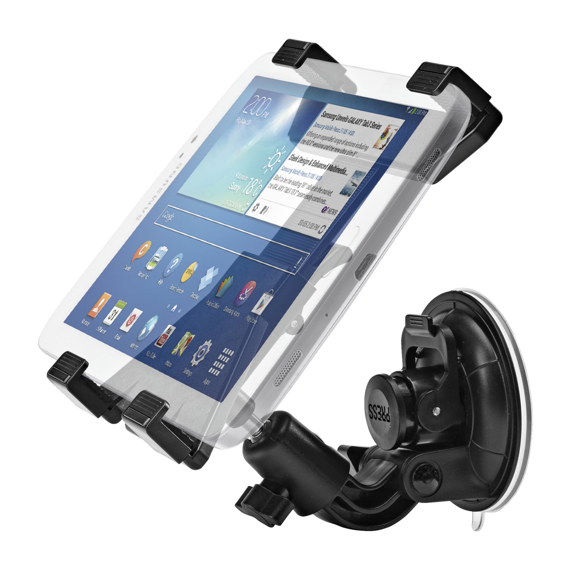 Uchwyt na tablet Marquant z przyssawką mieści biały tablet z niebieskim ekranem głównym pełnym ikon aplikacji i powiadomień, co pozwala na korzystanie z tabletu bez rąk w samochodach.