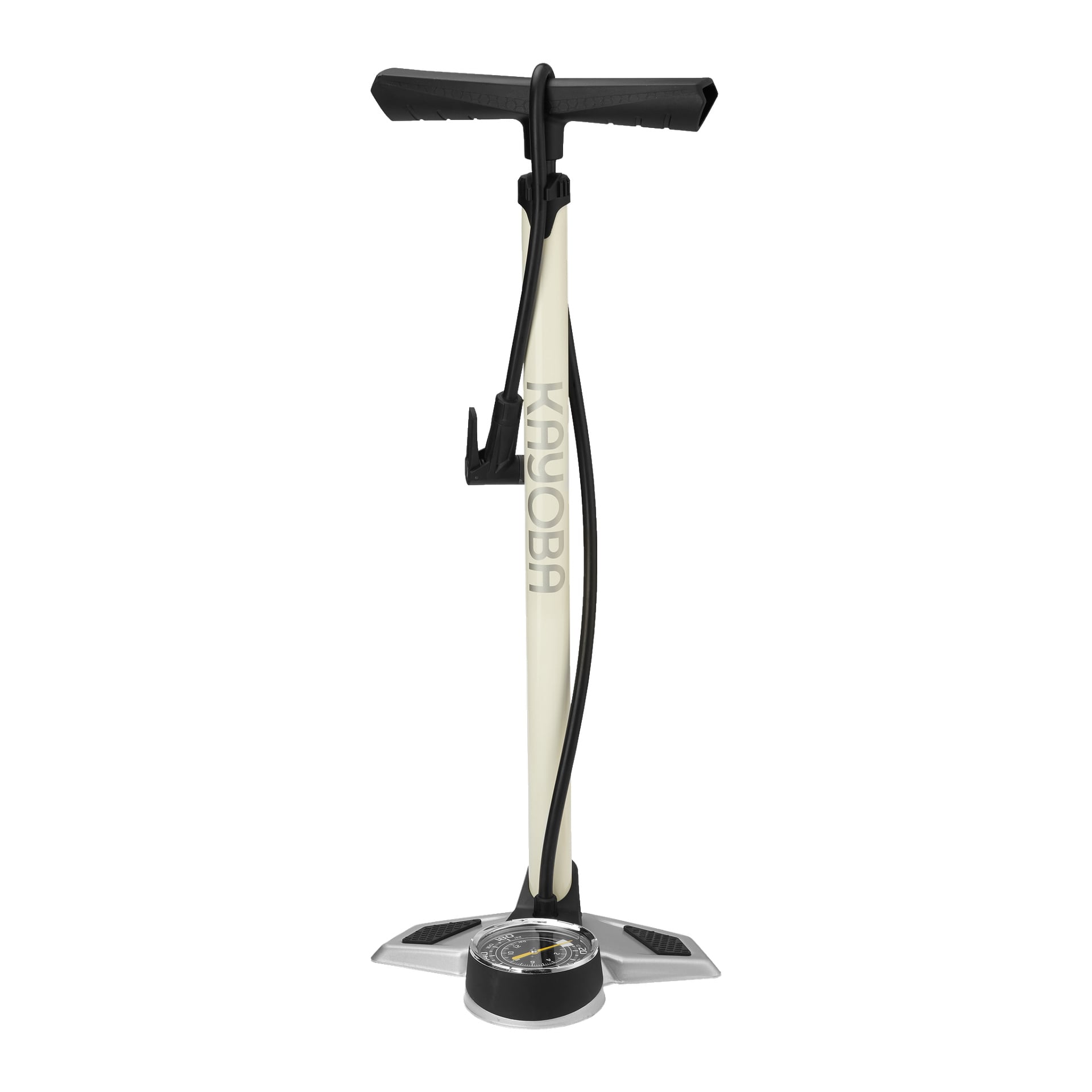 En Kayoba-cykelpump med svart handtag och en beige cylinder med Kayoba-logotypen, kopplad till en slang och utrustad med en tryckmätare nära basen. Pumpen står upprätt på en robust grå och svart fotplattform.