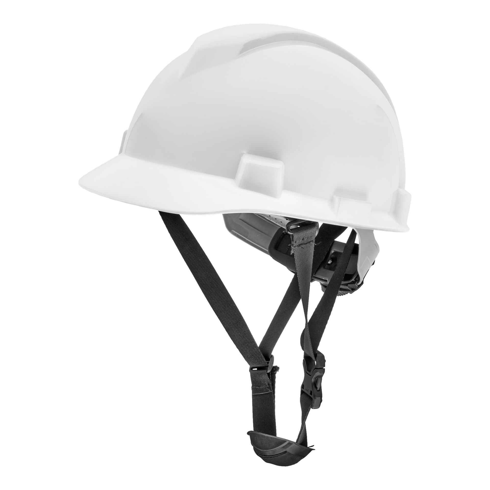 Der Bluewear Safety Helm hat eine glatte weiße Oberfläche, einen kurzen vorderen Rand und ist mit einem verstellbaren schwarzen Kinnriemen ausgestattet.