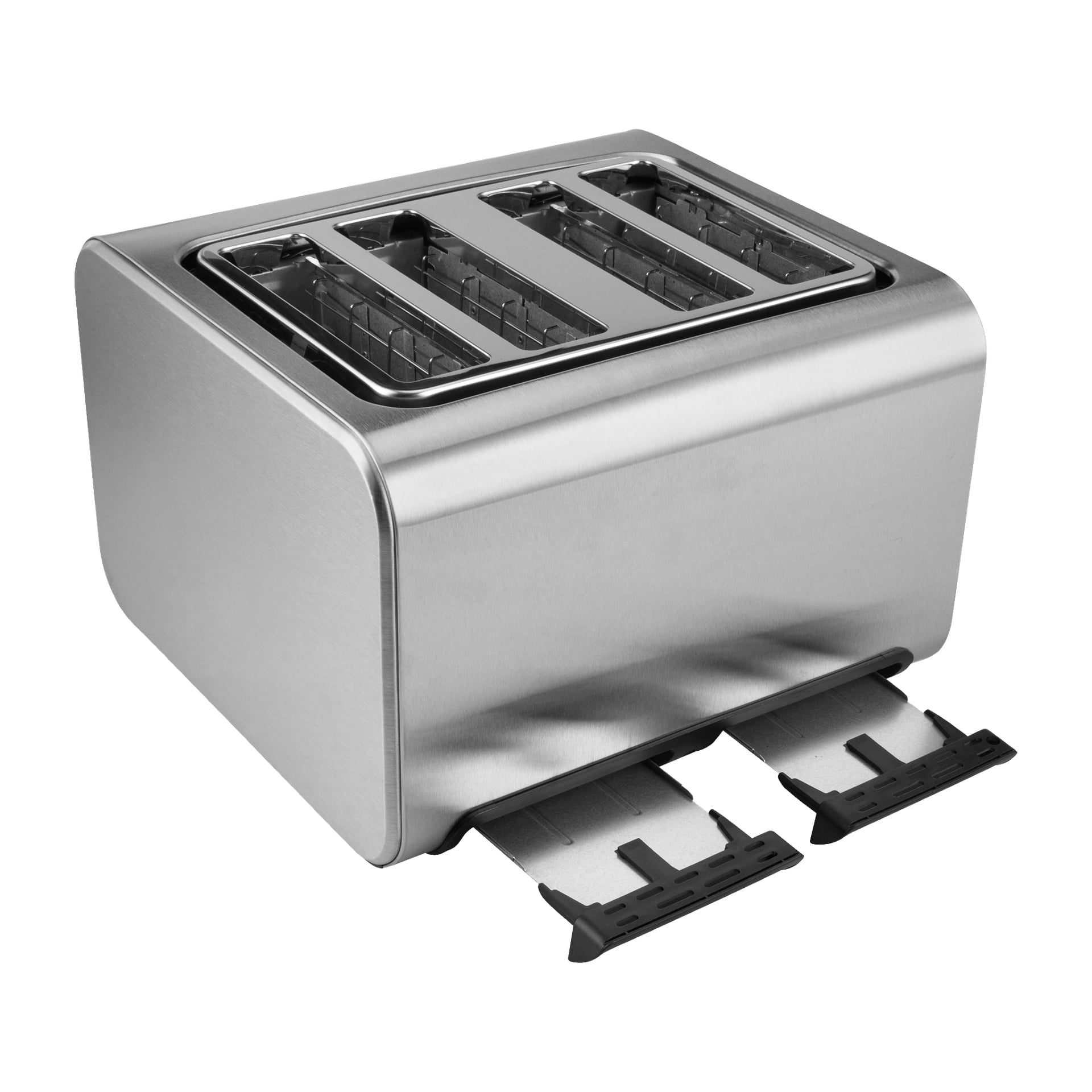 Menuett Toaster har två smulbrickor som delvis är utskjutna från enhetens nedre front.