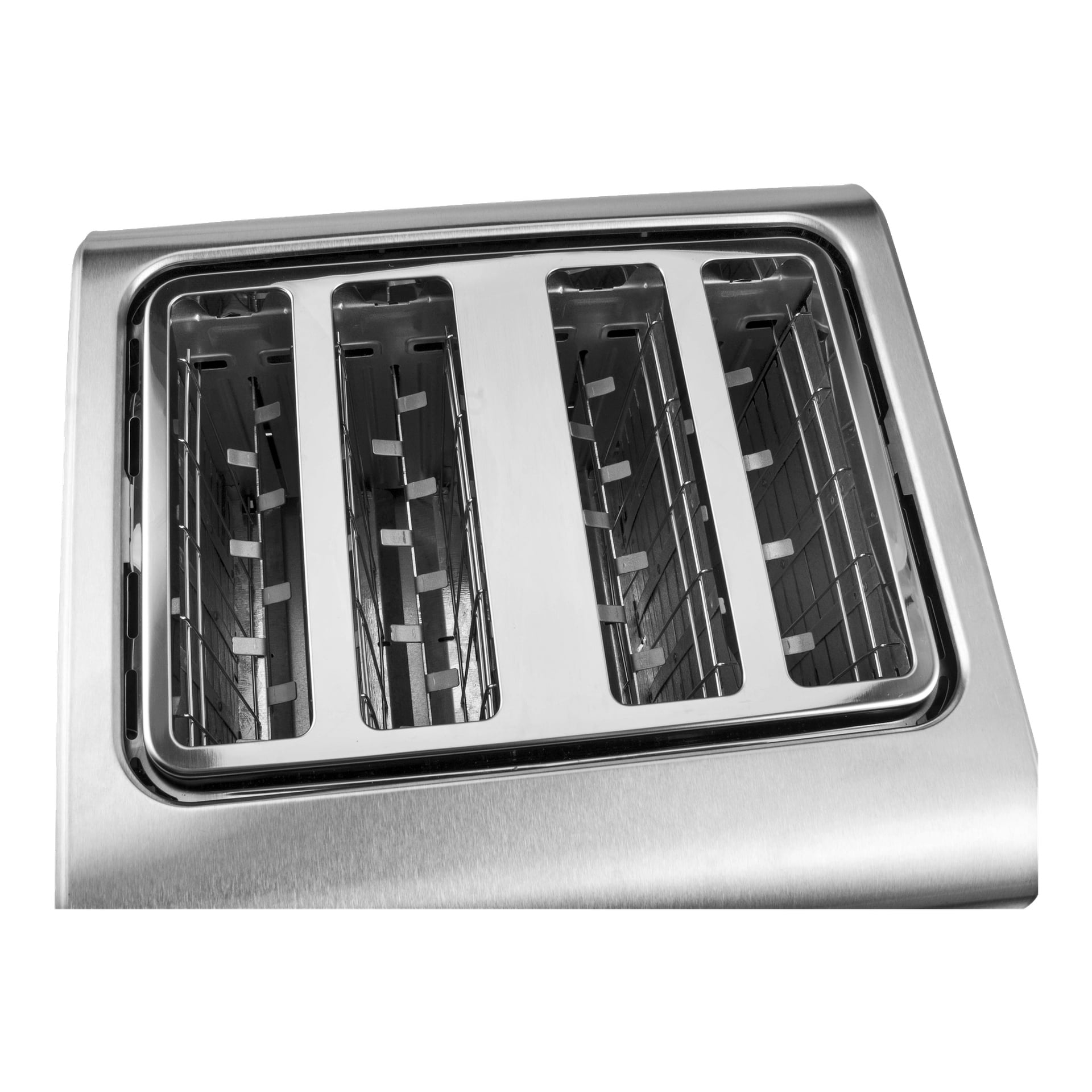 En rostfri Menuett Toaster visas på nära håll, vilket framhäver dess fyra tomma brödluckor och de interna värmeelementen inuti. Toppen är fläckfri och har en glänsande, reflekterande finish.