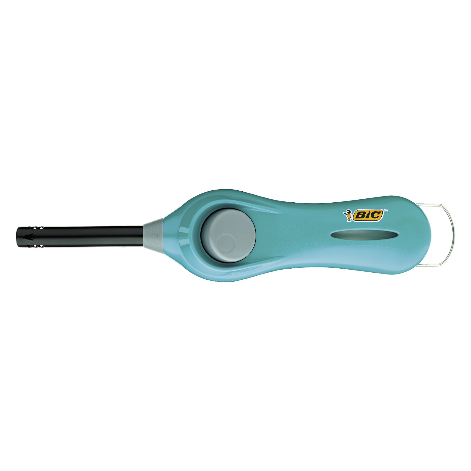 En teal Bic Megalighter med ett långt svart munstycke, framträdande grå tändknapp, formad grepp och en metallögla vid basen. Bic-logotypen och dess lilla maskot syns nära handtaget.