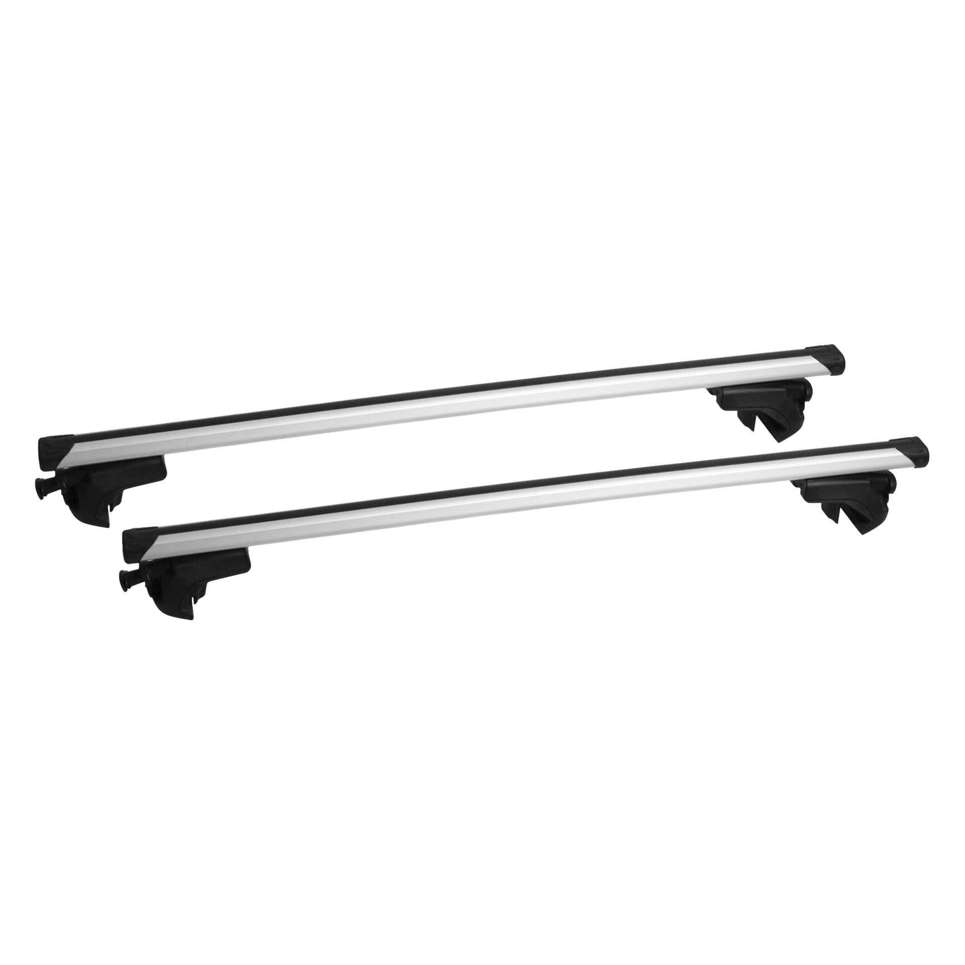 Ett par silverfärgade Hamron Load Carrier-takstänger med svarta fästen i varje ände är placerade parallellt med varandra.