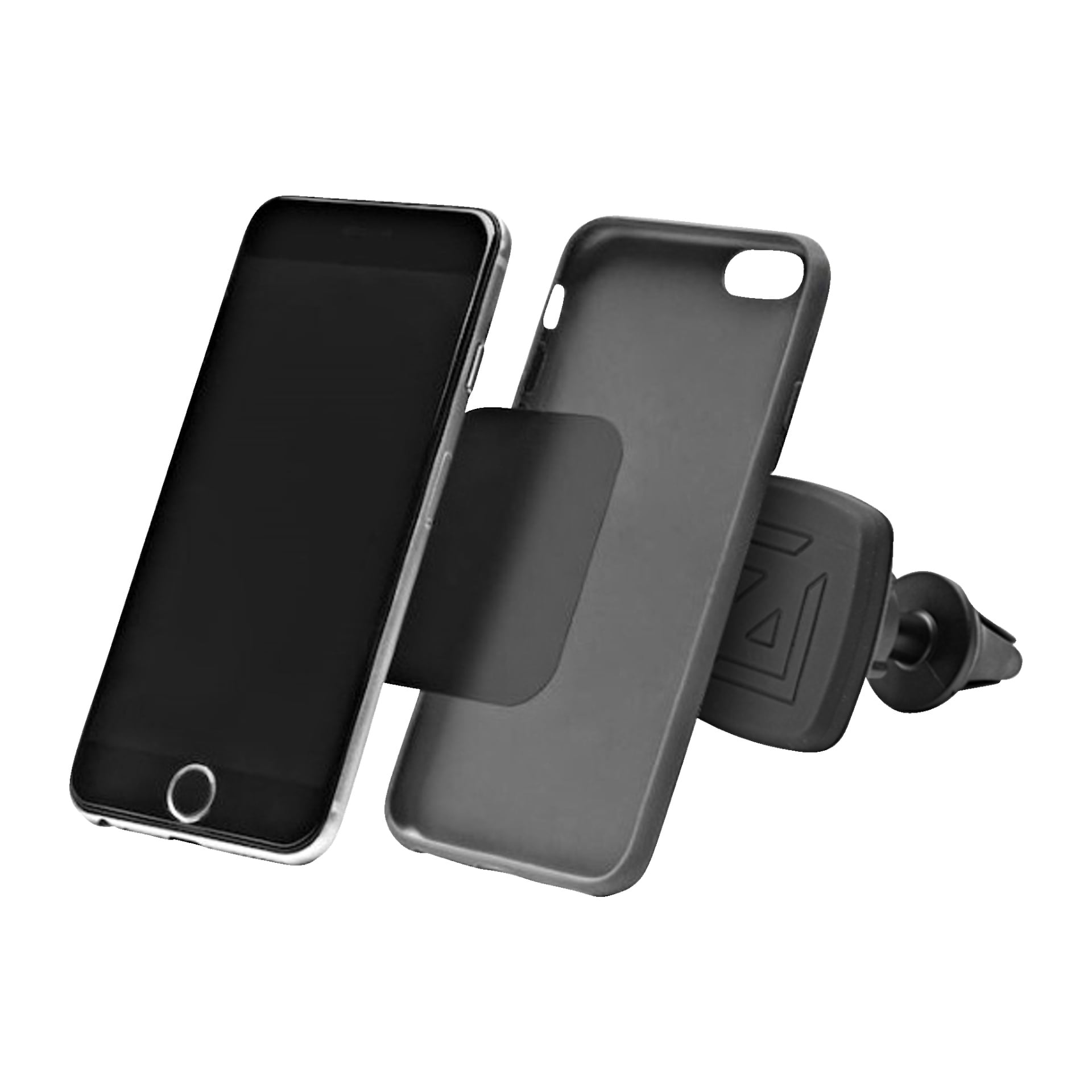 Pokazano magnetyczny uniwersalny uchwyt Marquant wraz ze smartfonem i etui na telefon. Smartfon jest częściowo wewnątrz etui, a magnetyczny uchwyt jest przymocowany z tyłu etui.