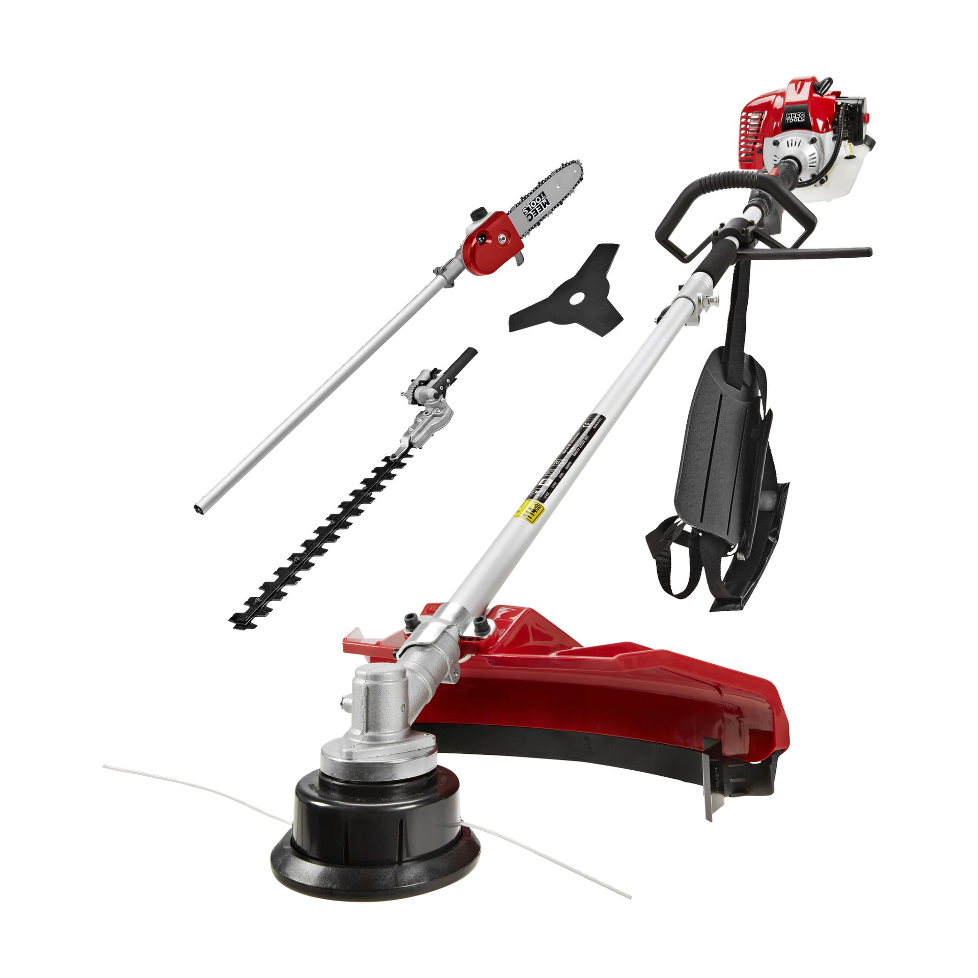 Czerwono-srebrny Meec Tools Quadrotrimmer z napędem gazowym, pokazany z podkaszaczem do żywopłotów, piłą łańcuchową, pędzelką, trymerką i uprzężą.