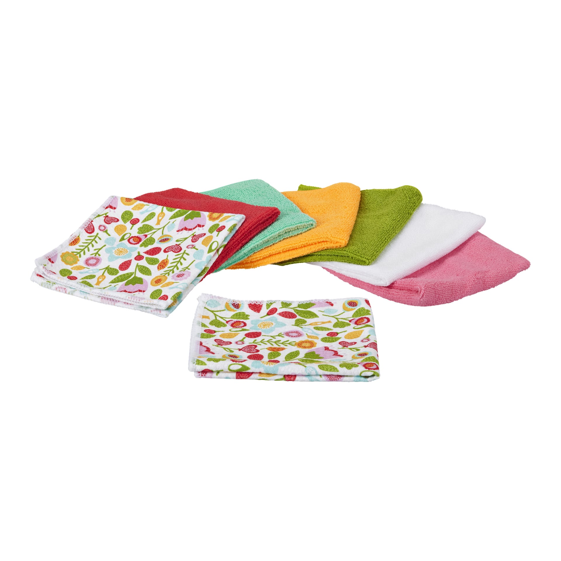 Ett åttapack med Menuett-mikrofibertyger visas, med två med blommönster och sex i enfärgade färger: röd, teal, orange, grön, vit och rosa. Tygerna är prydligt staplade i en mjuk båge.