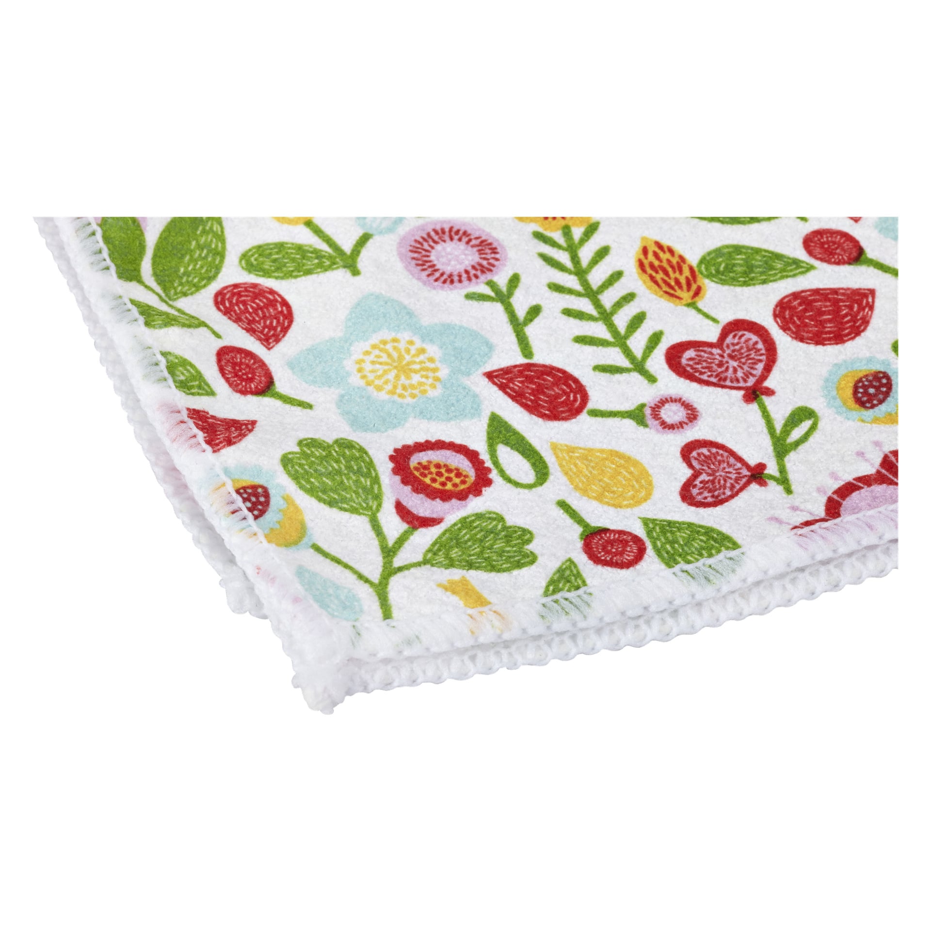 En närbild visar ett vikt Menuett Microfiber-tyg från 8-packet, dekorerat med en ljus blommig design i rött, gult, grönt och blått blommor och blad. Tygets kanter är fina med snygga sömmar.