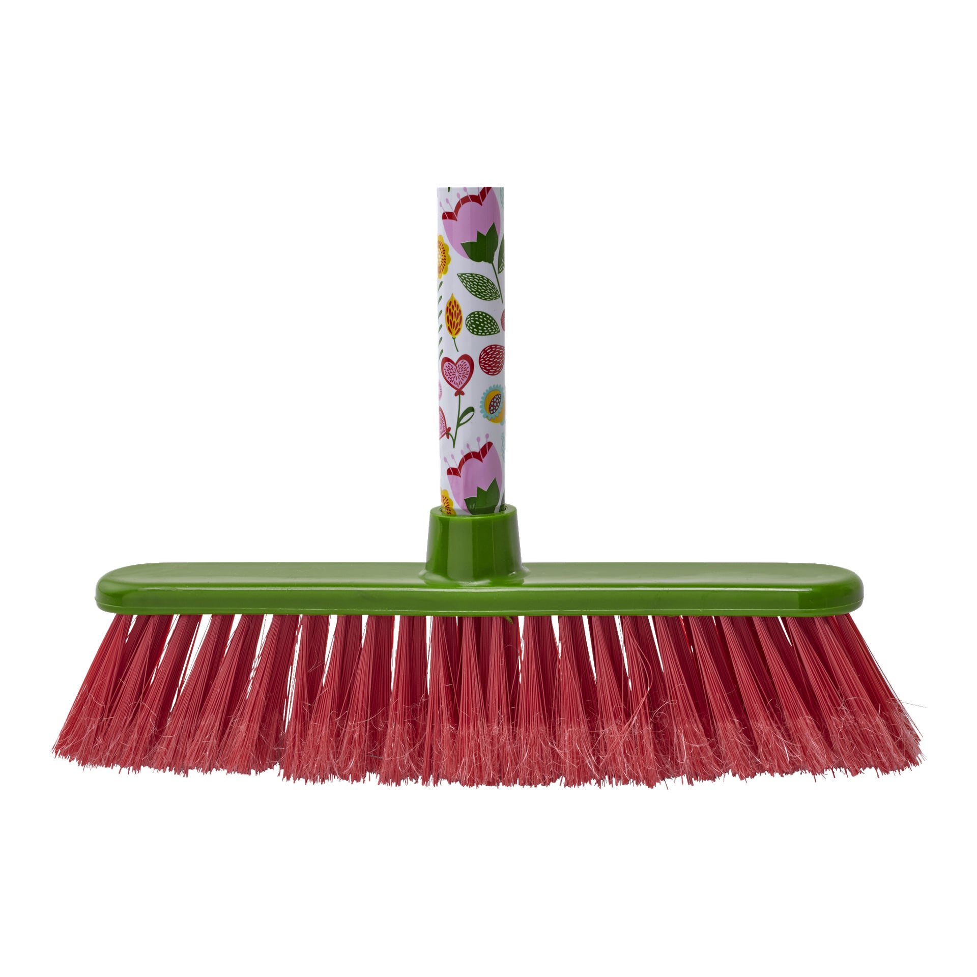 En Menuettborste med grön bas och rosa borst. Det vita handtaget visar upp ett färgglatt blommönster och hjärtmönster.