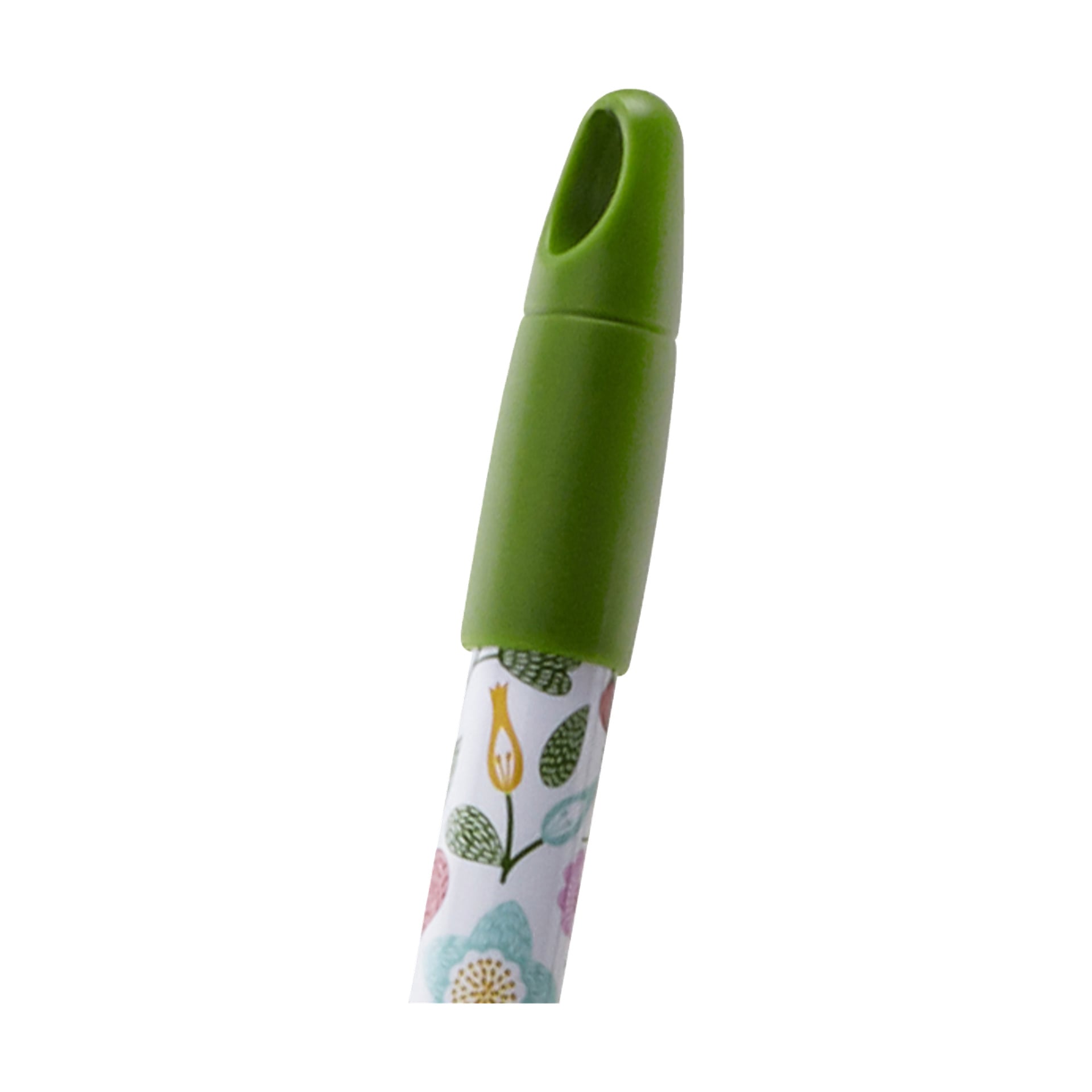 En närbild av Menuettborsten, som visar dess gröna hatt och vita tunna dekorerade med livfulla blomstermotiv.