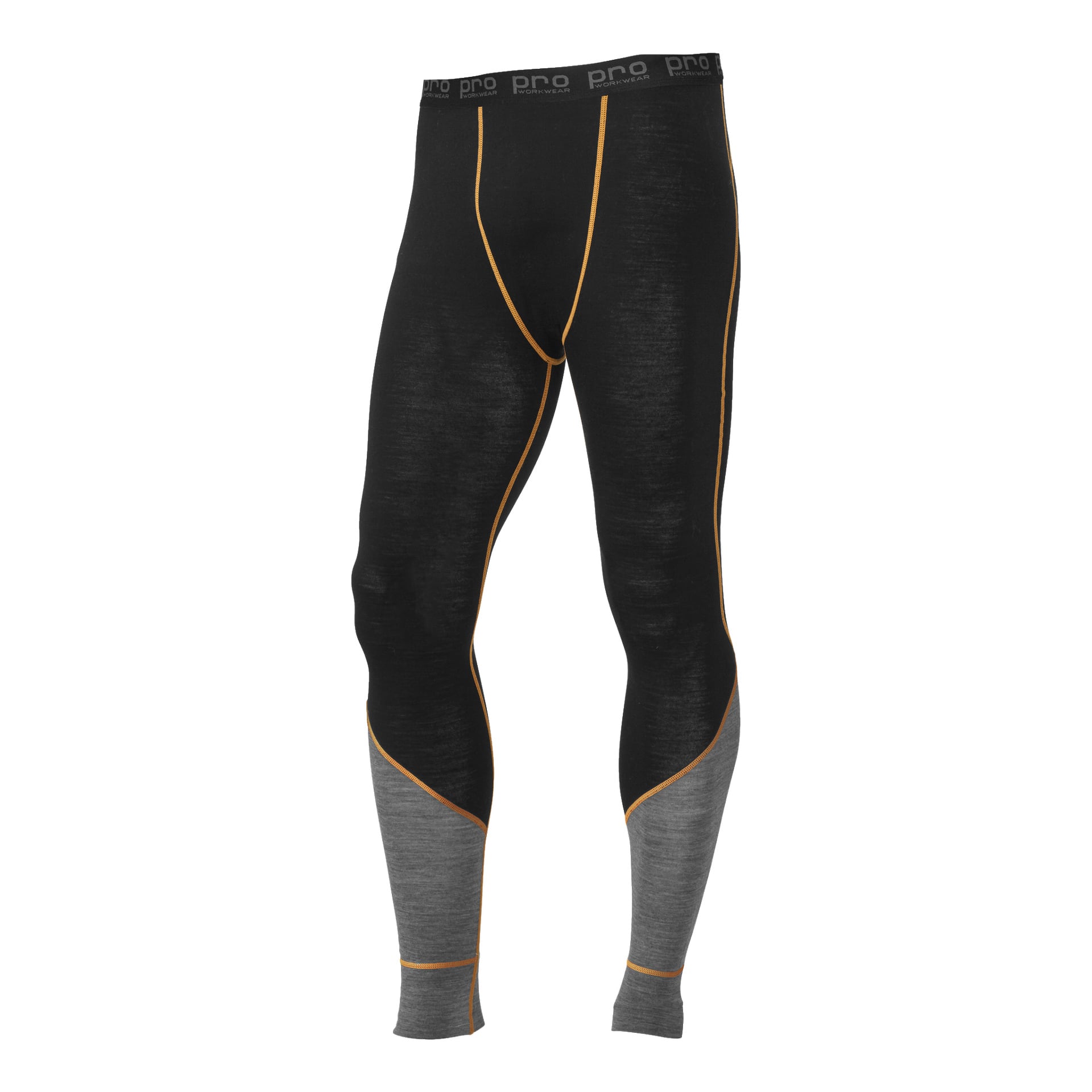 Bluewear Pro Workwear basbyxor i svart och grått med orange sömmar som visas på en skyltdocka. Den slim-fit-stilen inkluderar ett svart midjeband med upprepade "Pro"-logotyper och kontrasterande färgpaneler på underbenen.