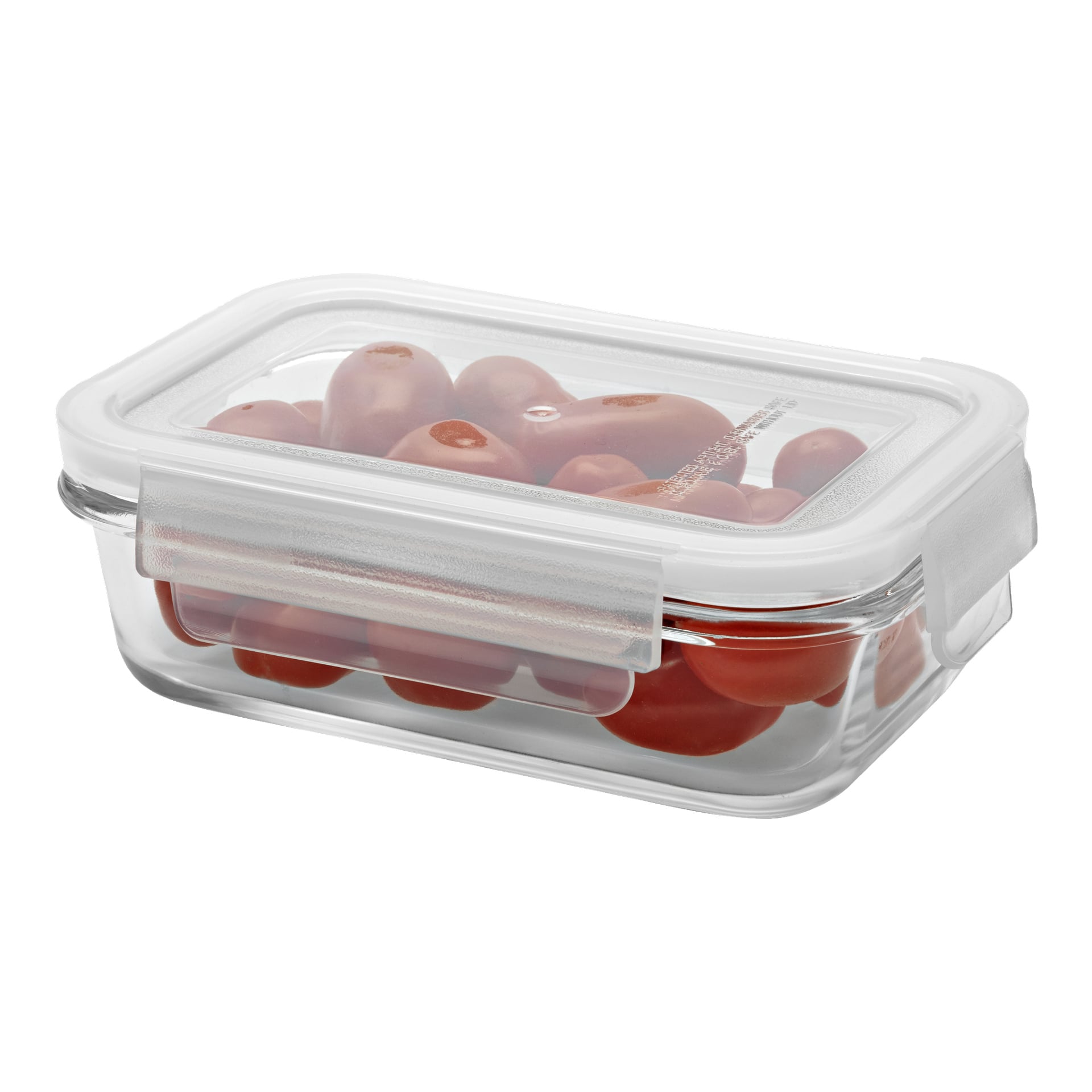 En gjennomsiktig glasskledd Menuett Food-beholder med hvitt plastlokk og sideklips inneholder røde druetomater. Den lukkede esken viser tydelig tomatene både gjennom glasset og lokket.