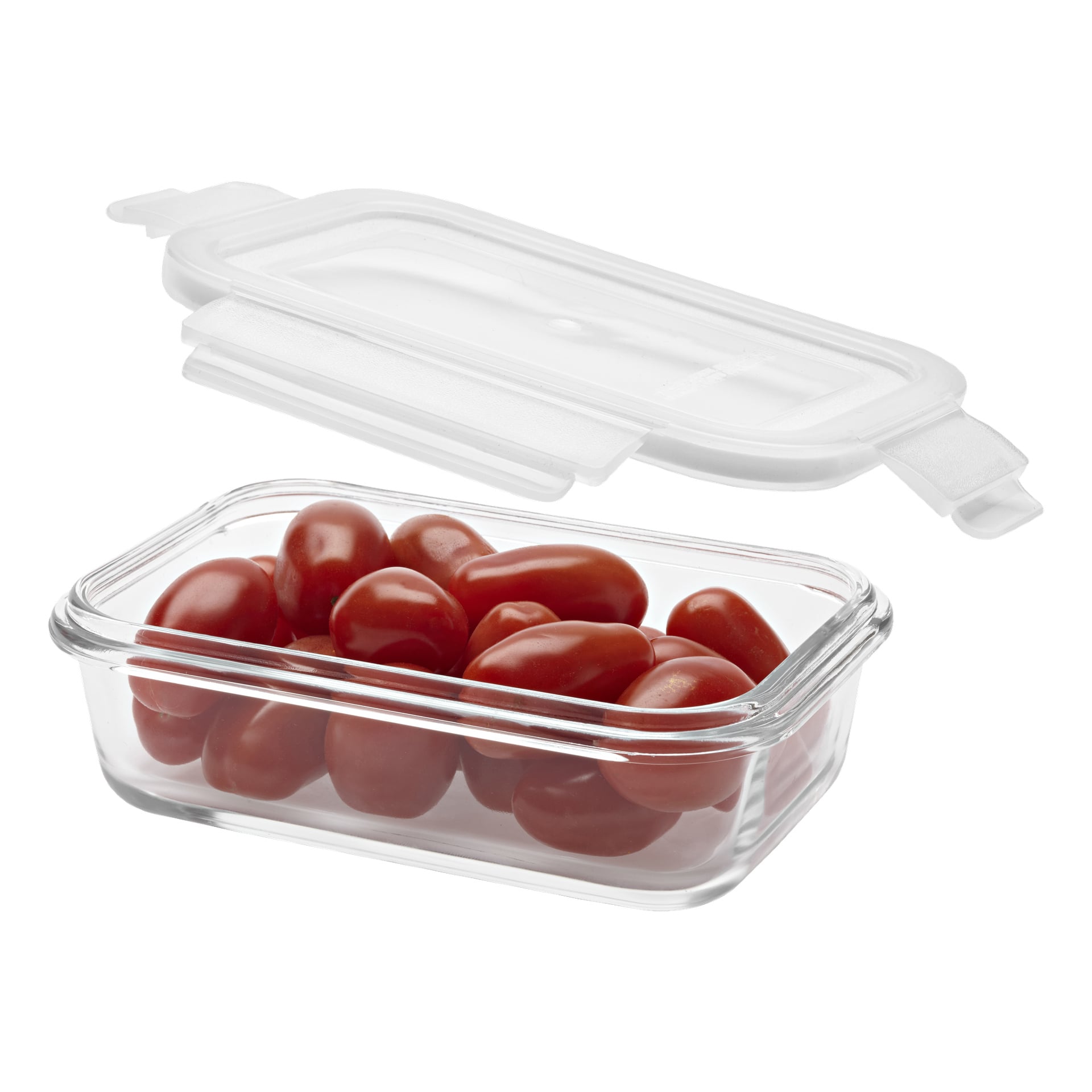 En klar glass Menuett-matbeholder inneholder druetomater, med det gjennomsiktige, rektangulære plastlokket litt på gløtt og plassert over esken.