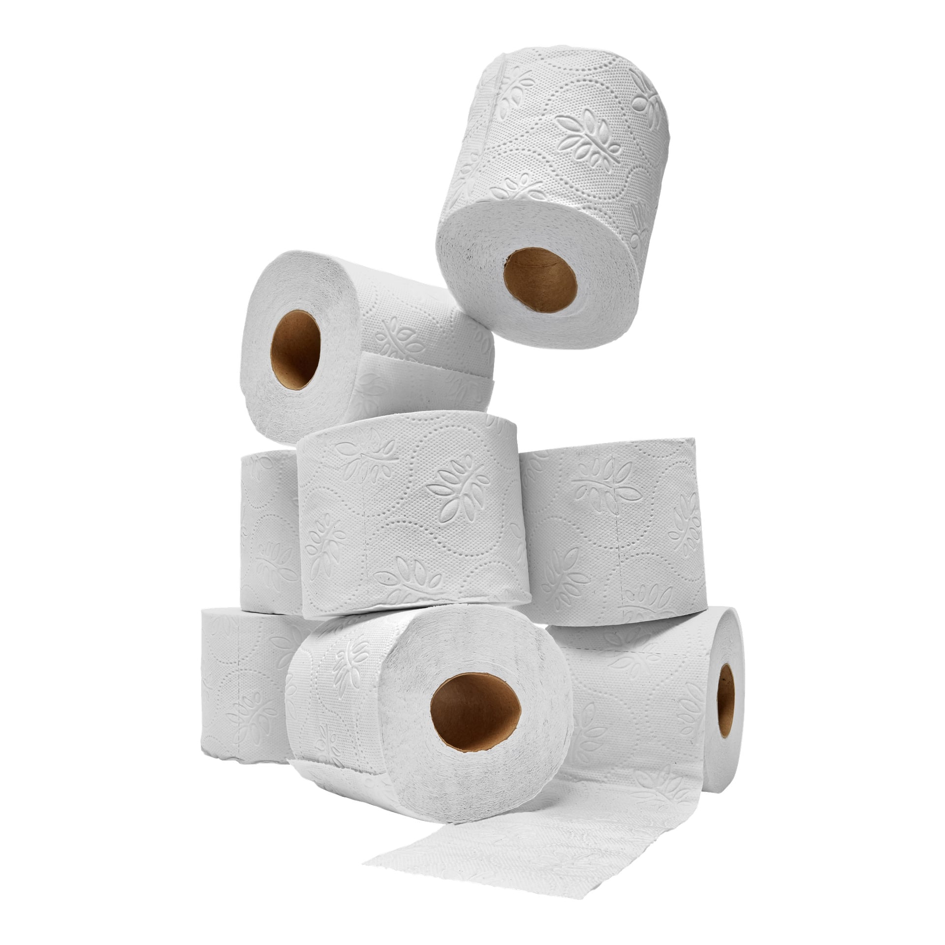Åtta rullar från Toiletpapper 8-packet från Menuett är staplade, en delvis orullad. Alla är vita med bladmönster och bruna kartongkärnor. Förpackningen visar Toilet Paper 8-pack och Menuett.
