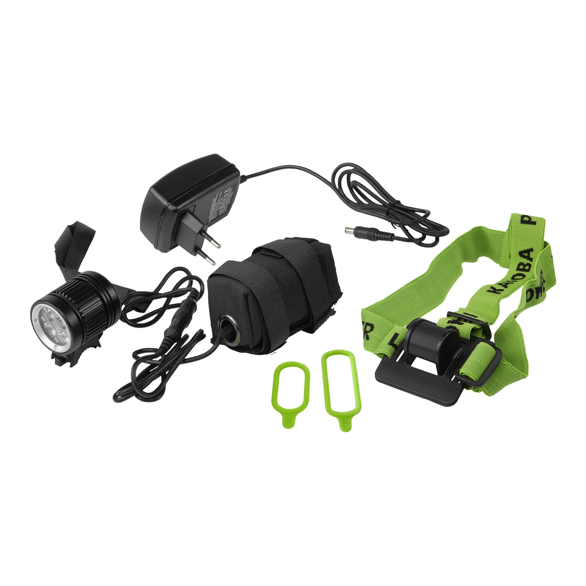Kayoba Multisport-lampans LED-kit inkluderar en svart lampa, laddare, batteripack med rem, BRIGHT GREEN justerbart pannband och två gröna silikonband.