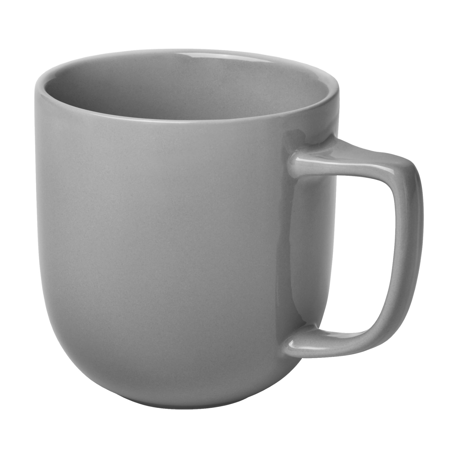 Menuett Mug har en minimalistisk grå keramikstil, ett stort rektangulärt handtag och en slät, blank yta. Muggen är tom.