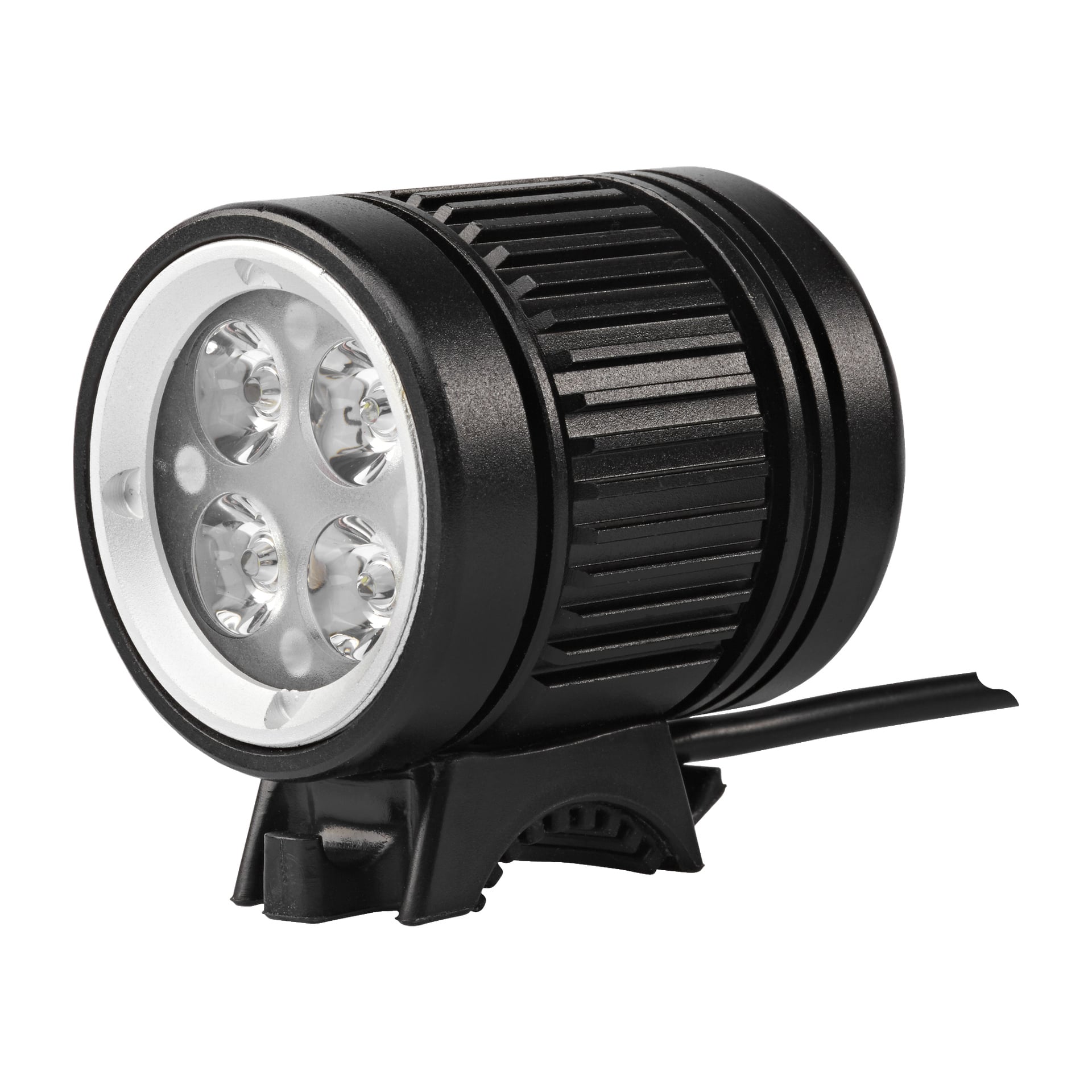 Kayoba Multisport-lampans LED är en svart cylindrisk cykellampa med fyra synliga LED-lampor, en räfflad kylyta, ett vevfäste och en strömkabel som går ut åt höger.