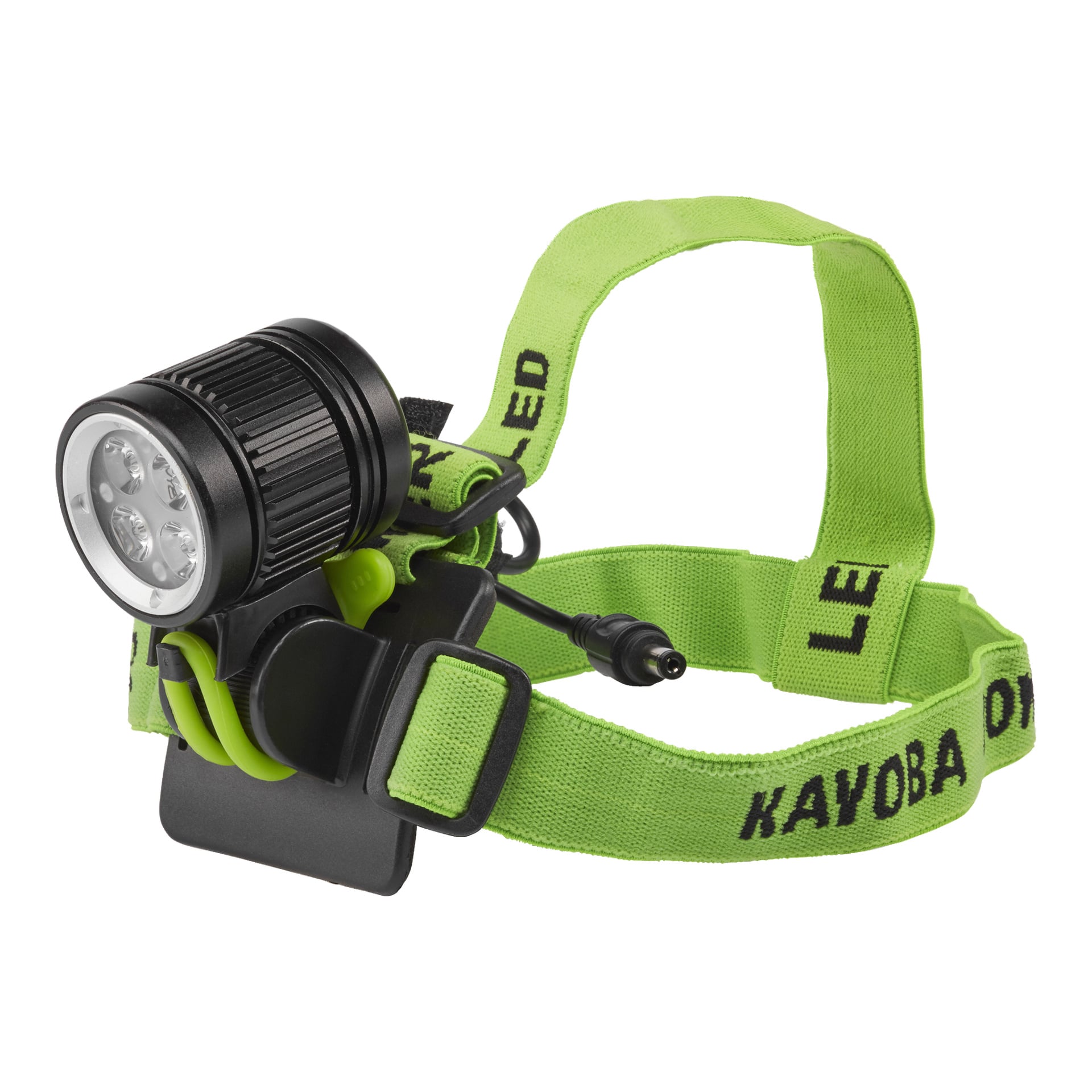 Kayoba Multisport-lampans LED är en grön pannlampa med fyra LED-lampor, ett svart och grönt hölje, ett justerbart elastiskt band med den citerade texten Kayoba, ett spänne och en strömkontakt som kan kopplas in i el.