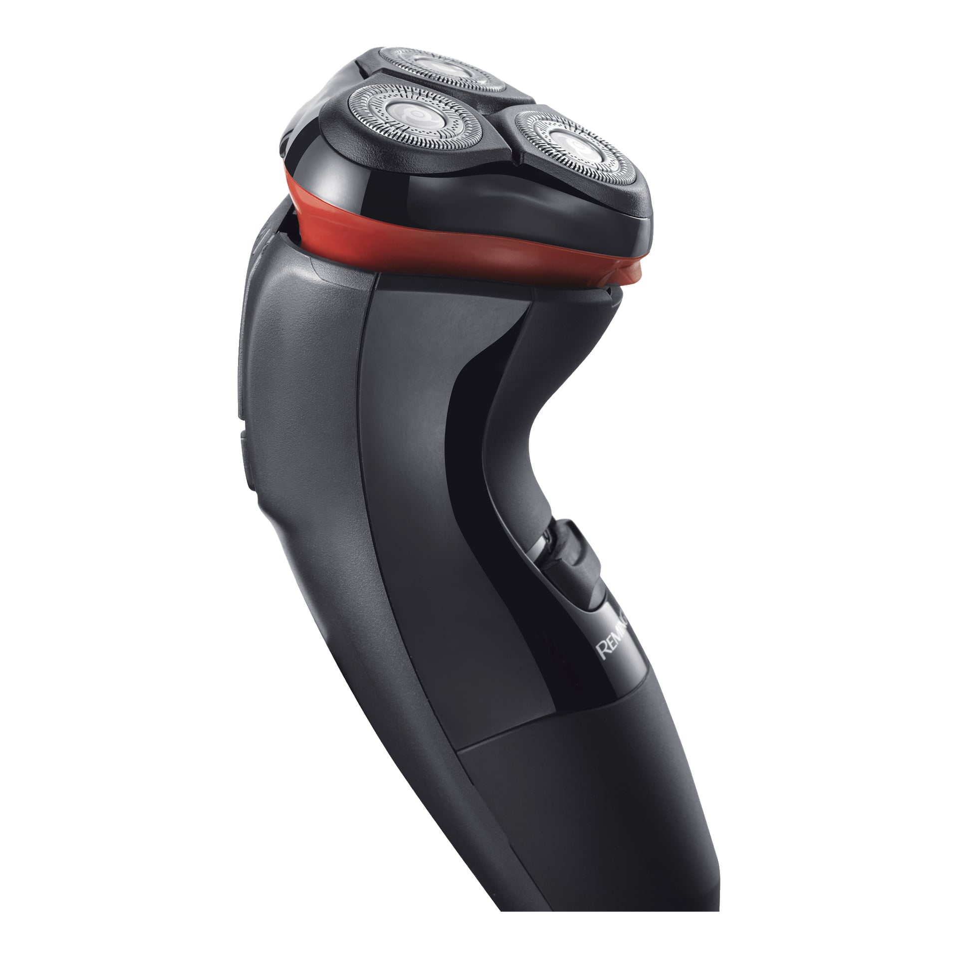 Remington Shaver Power Series PR1330 on musta sähköinen pyörivä parranajokone, jossa on kolme pyöreää terää päällä ja terän kärjen lähellä on selkeä punainen yksityiskohta.