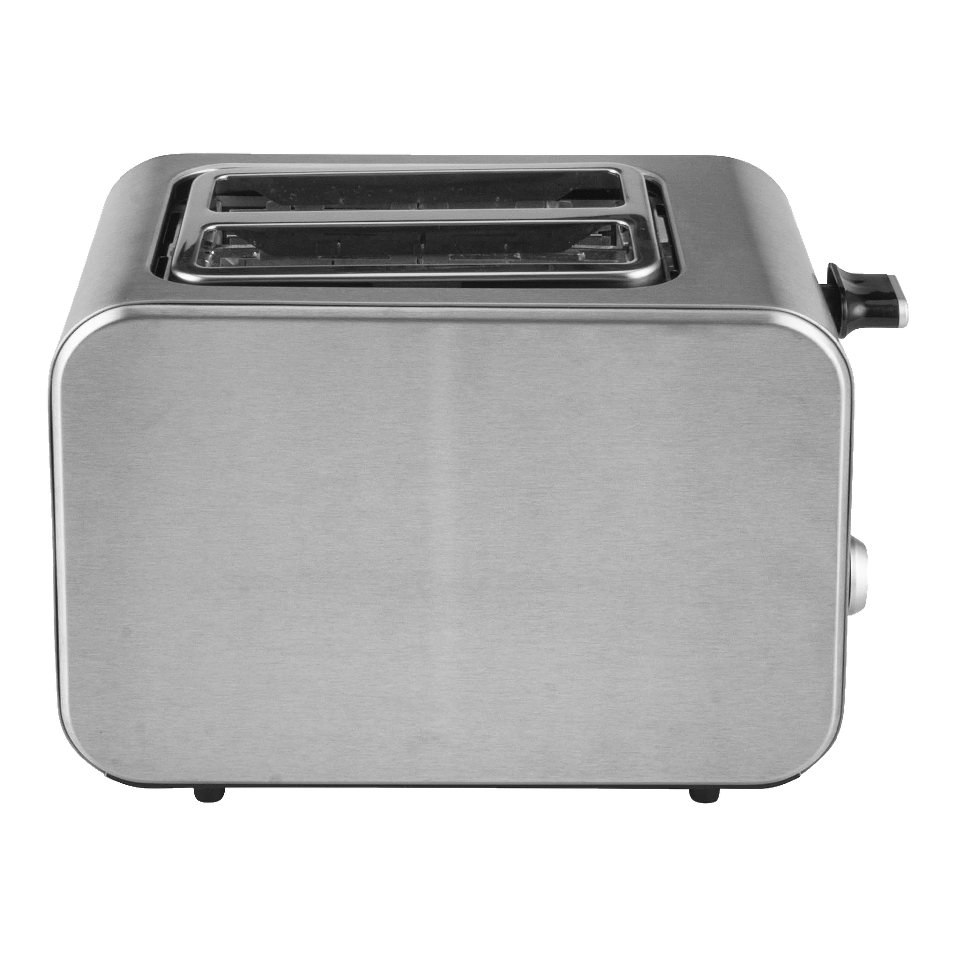 Menuett Toaster, moderni ruostumattomasta teräksestä valmistettu kaksipaikkainen leivänpaahdin, näkyy sivusta. Vipu ja ohjausnuppi näkyvät osittain oikealla.