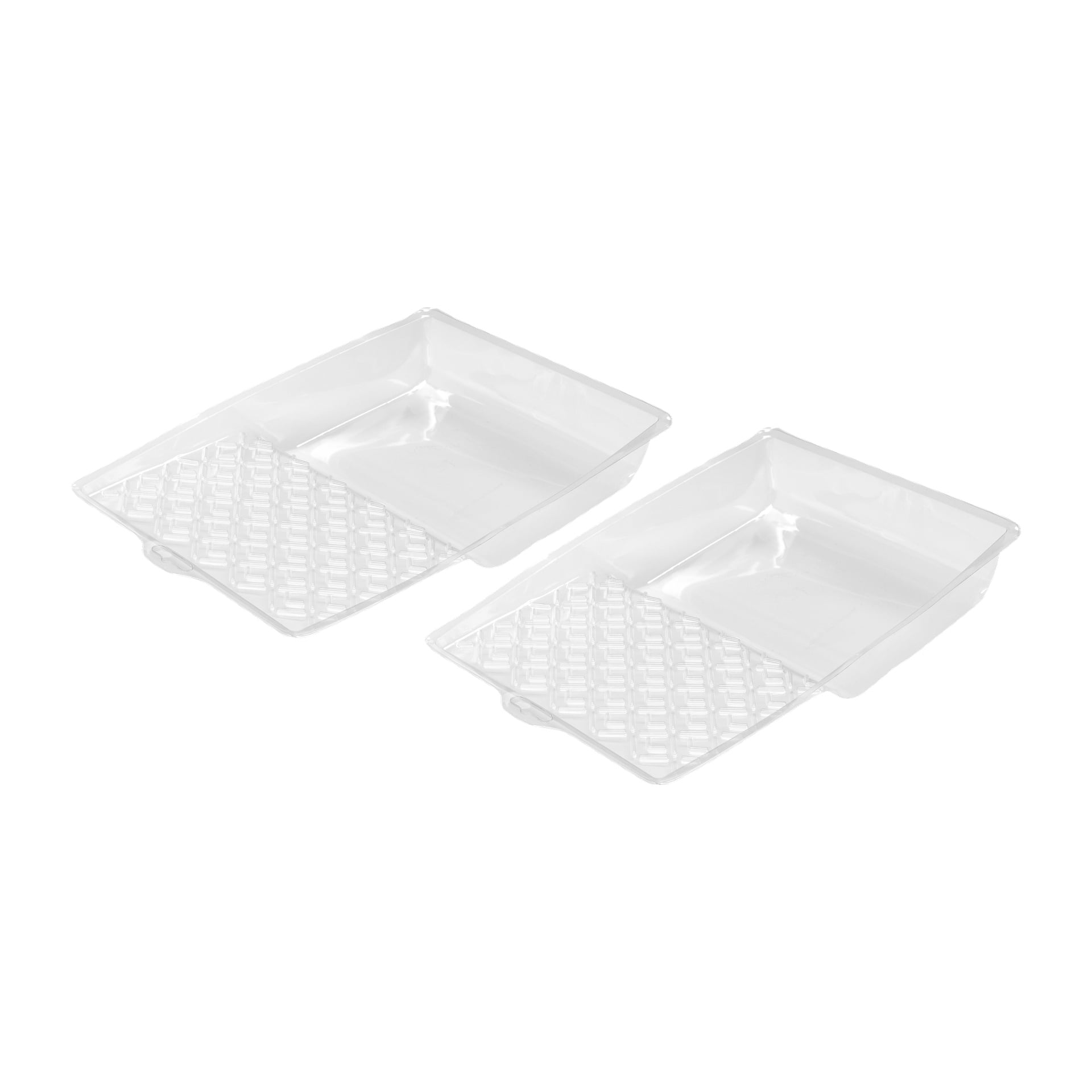 Två genomskinliga plastbrickor för Anza i ett paket om två, vardera med ett texturerat rutnät i ena änden för rullande färg. Brickorna är tomma och placerade bredvid varandra.
