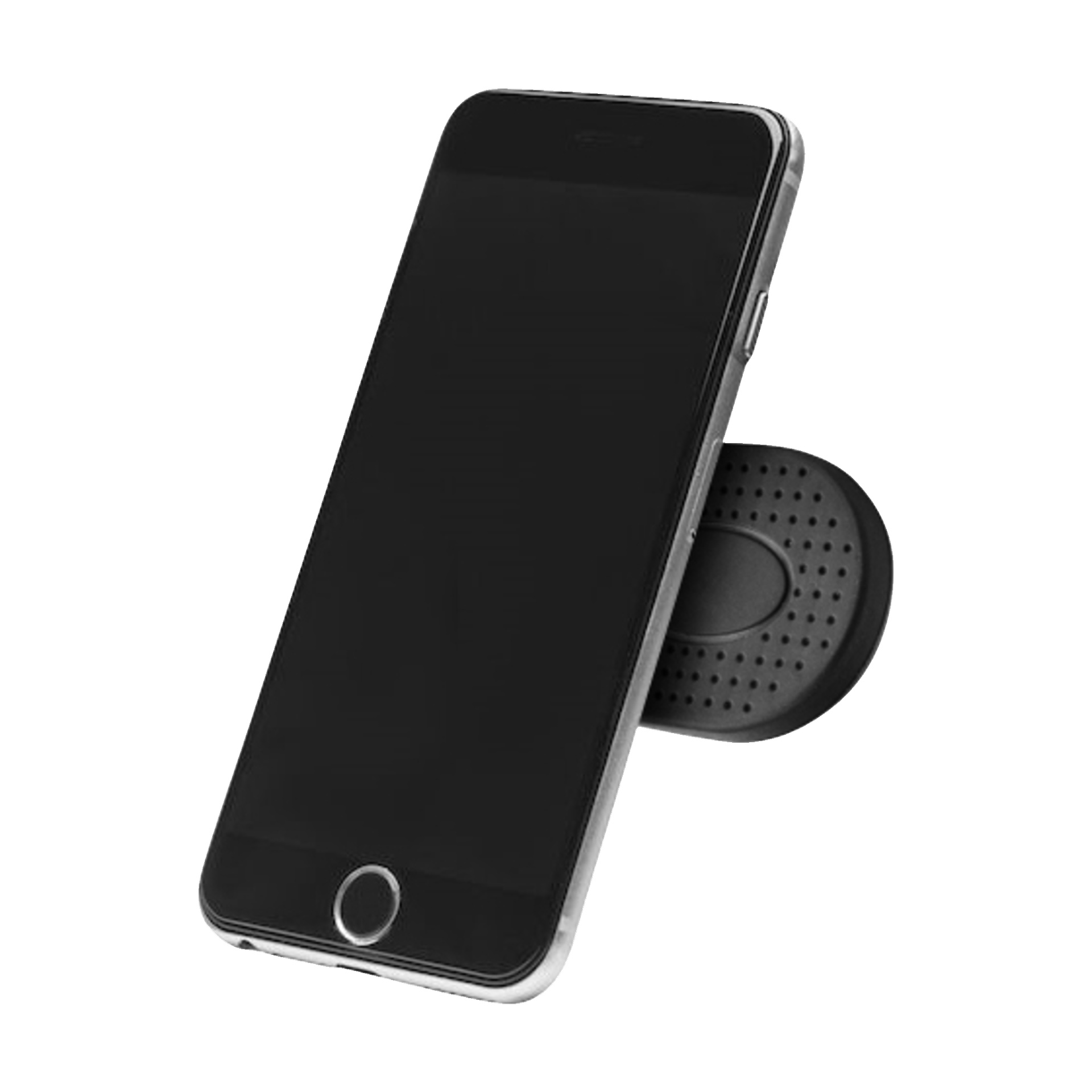 En smartphone med svart skärm är vinklad på Marquant Magnetic universalhållaren, som är ett ovalt, svart bilfäste med små perforeringar på baksidan.