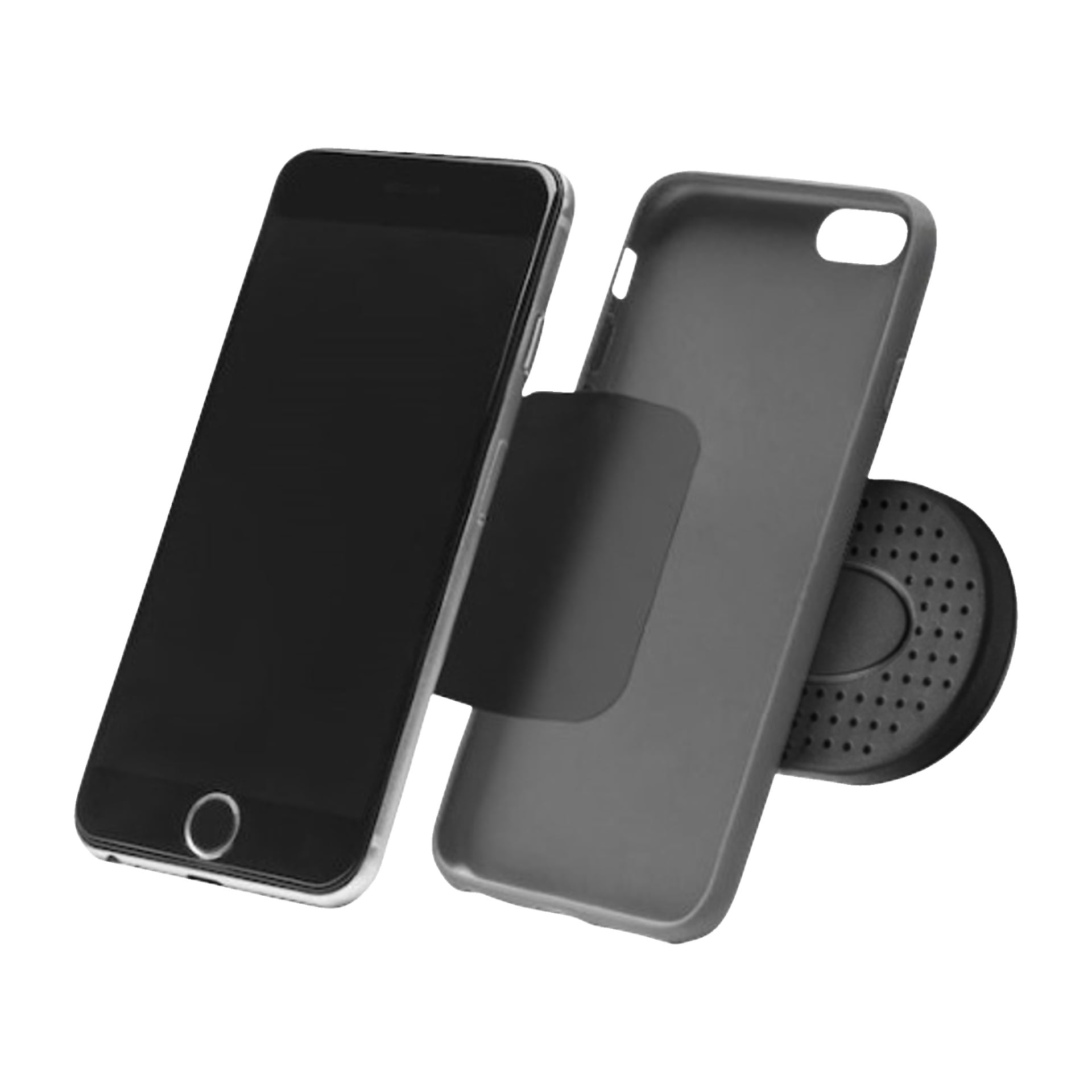 En svart smartphone med ett matt svart fodral, lätt neddraget för att visa interiören, och en cirkulär, texturerad Marquant Magnetic Universal Holder fastsatt på baksidan. Telefonens display är avstängd.