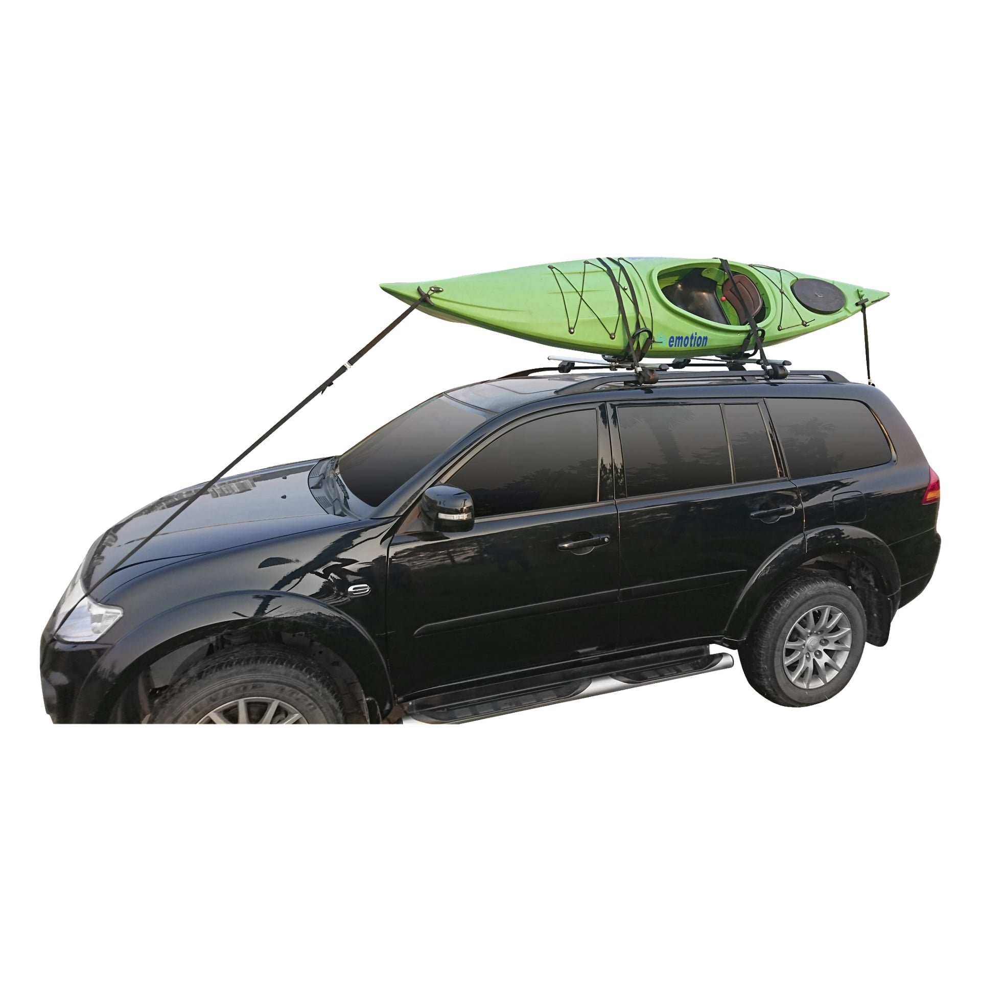 En svart SUV med tonade rutor visas med en grön kajak fäst vid takräcket med Hamron Kayak Carrier 2 Pack.