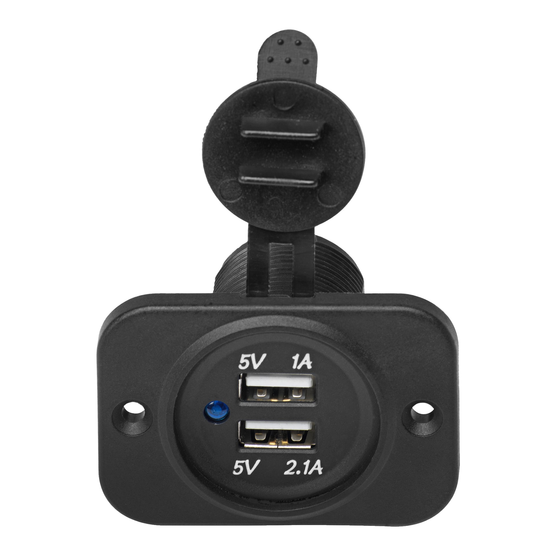 Hamronin USB-portti, jossa on mustat kaksoislaturitykset, suojakansi avautui ja näkyi kaksi porttia, joissa lukee 5V 1A ja 5V 2.1A, vasemmalla pieni sininen merkkivalo.