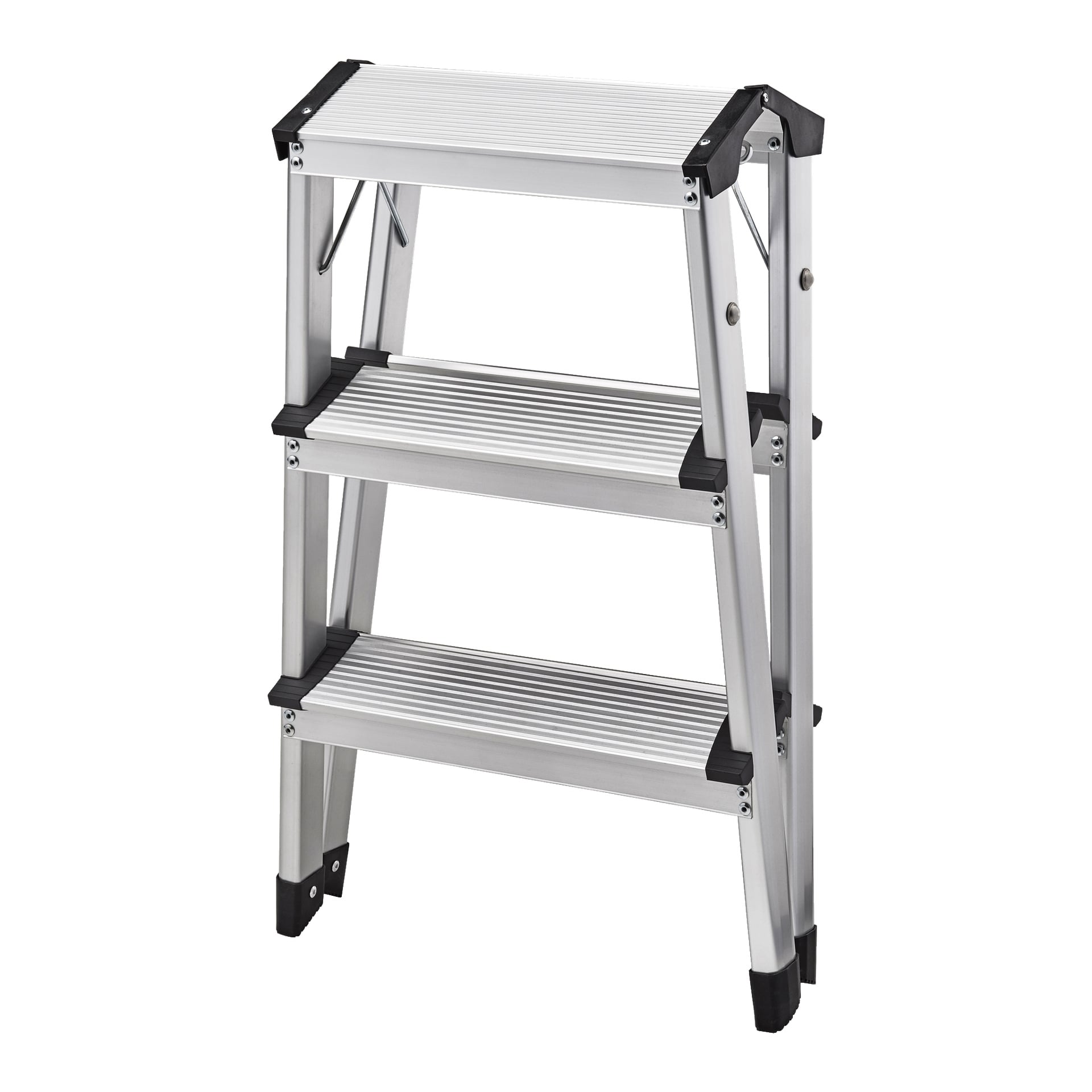 Stołek Hard Head Step z trzema składanymi aluminiowymi stopkami, żebrowanymi powierzchniami stopni i czarnymi plastikowymi nasadkami na końcach, pokazany stojąc pionowo.