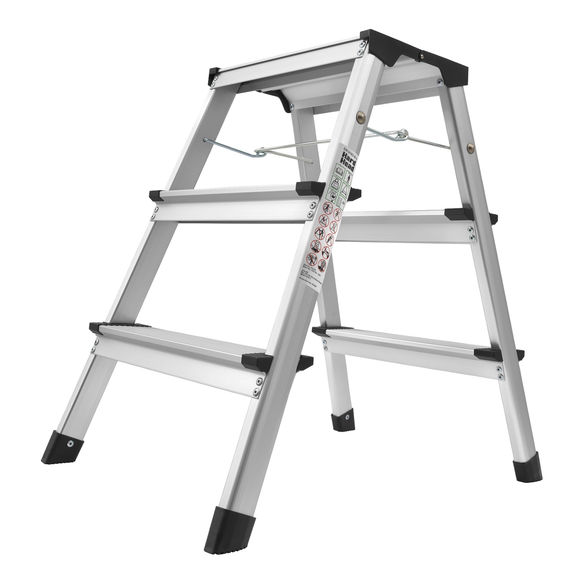 Hard Head Step Stool, srebrne metaliczne wykończenie, cztery szerokie stopnie, czarne plastikowe końcówki, instrukcje bezpieczeństwa umieszczone po boku oraz metalowy stabilizator łączący nogi.