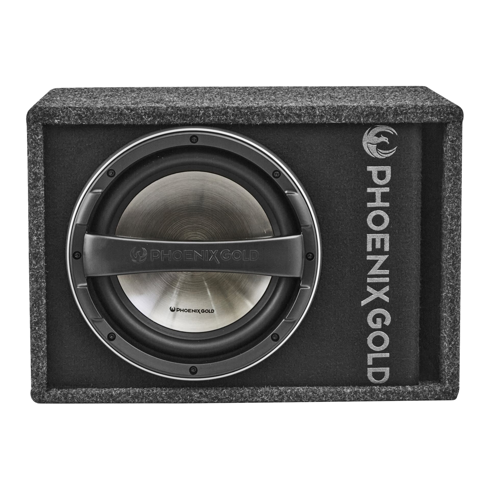 Phoenix Gold Z112ABV2 subwoofer med metallisk mittpunkt i en mattbelagd låda; "PHOENIX GOLD" visas vertikalt på sidan.