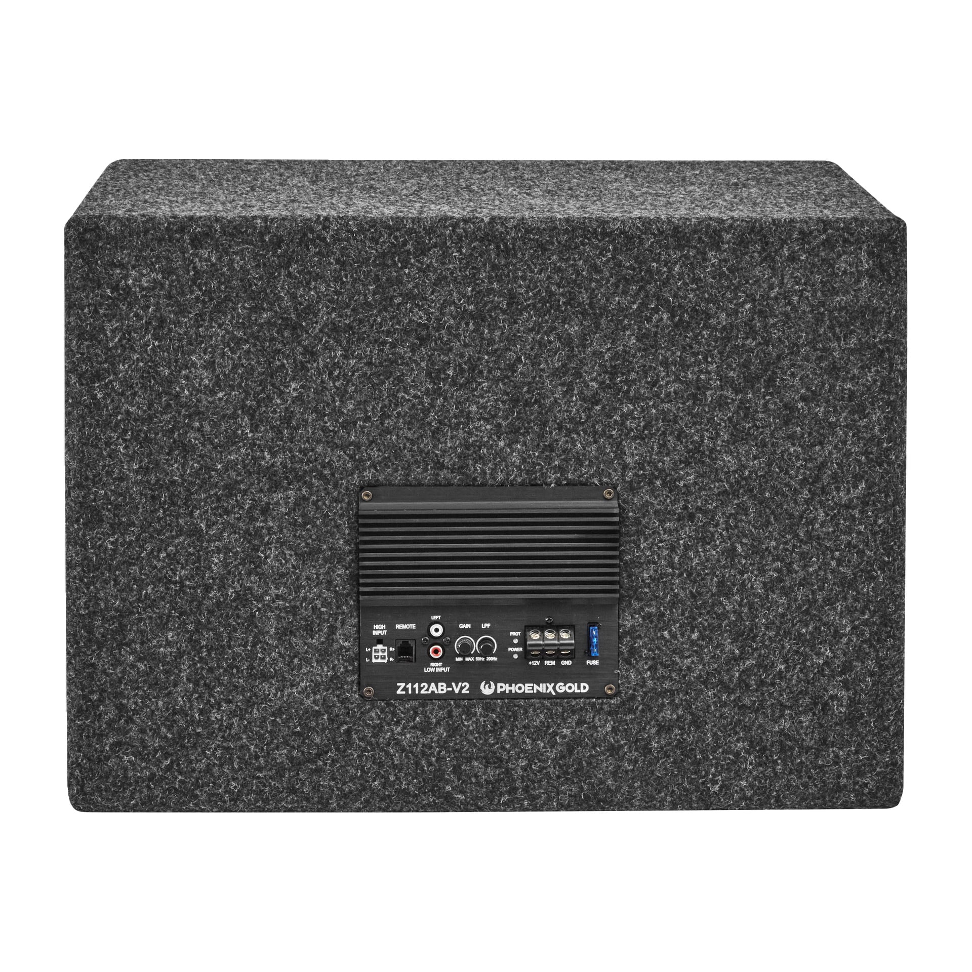 En grå, teksturert rektangulær subwooferboks med et sentralt svart panel merket "Sub woofer Z112ABV2 Phoenix Gold" og inngangsporter.