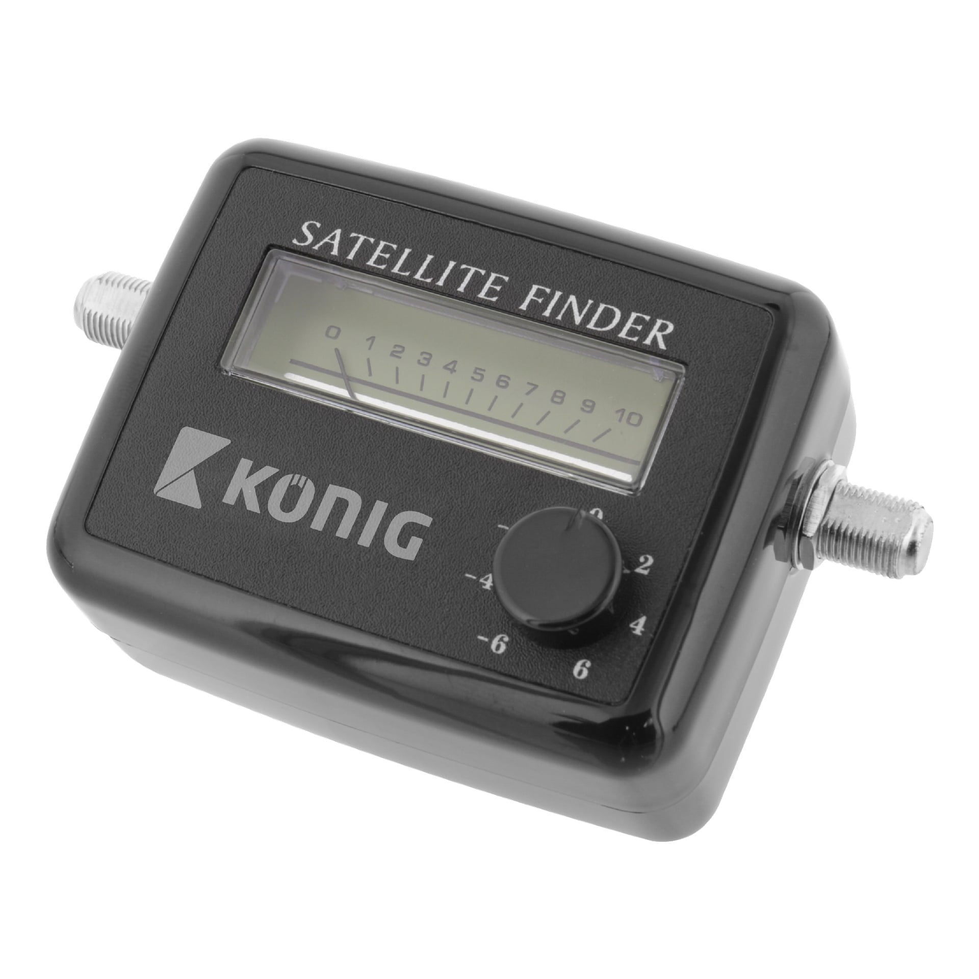 En svart Nedis satellitsökare med numrerad display från 1 till 10, en ratt från -6 till +2 och koaxialkontakter på båda sidor.