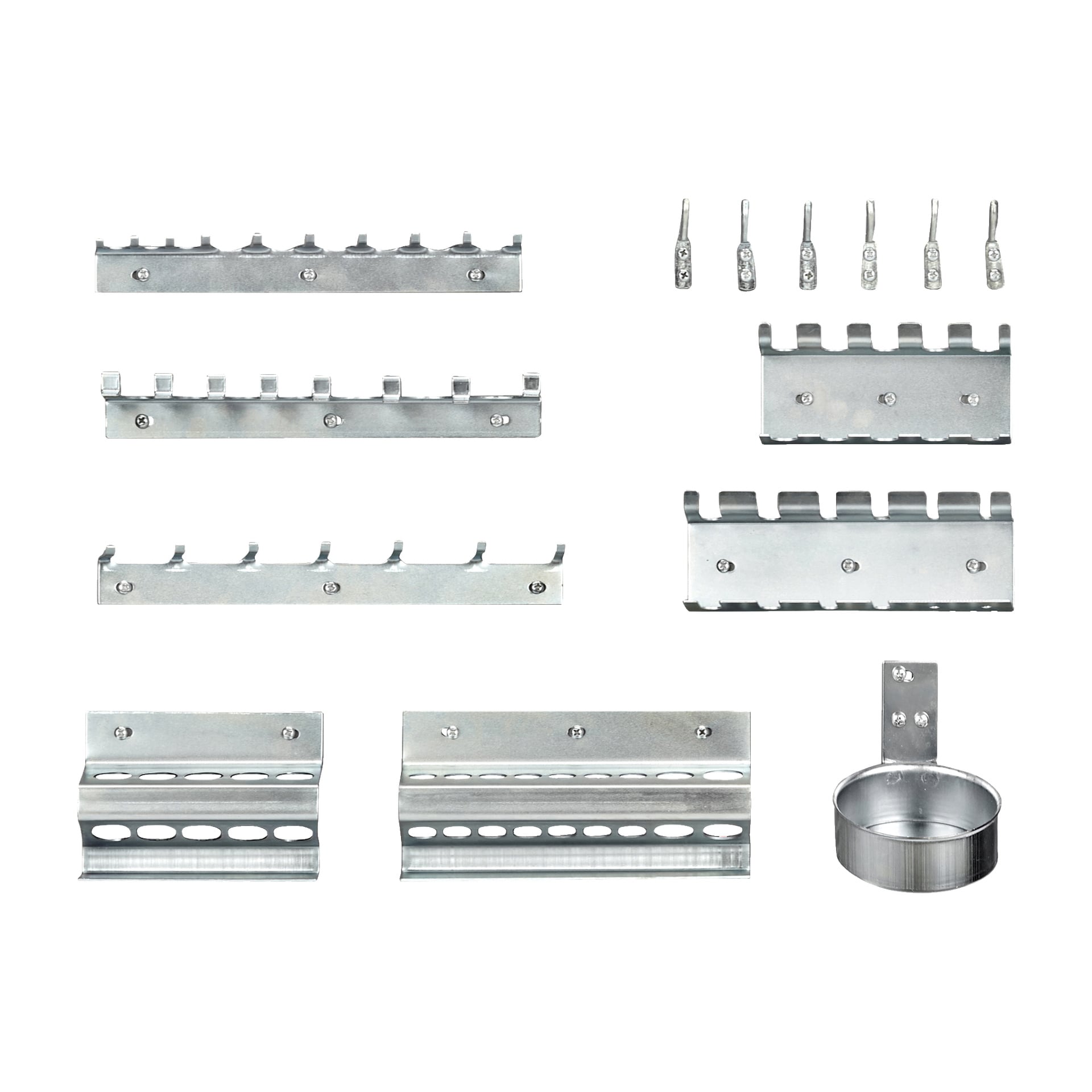 Ett 14-delat Hard Head-set med krokar och hållare för verktygsbrädor, bestående av olika metallfästen, klämmor och kopplingar i både flerspårs- och enkelspårsdesign.