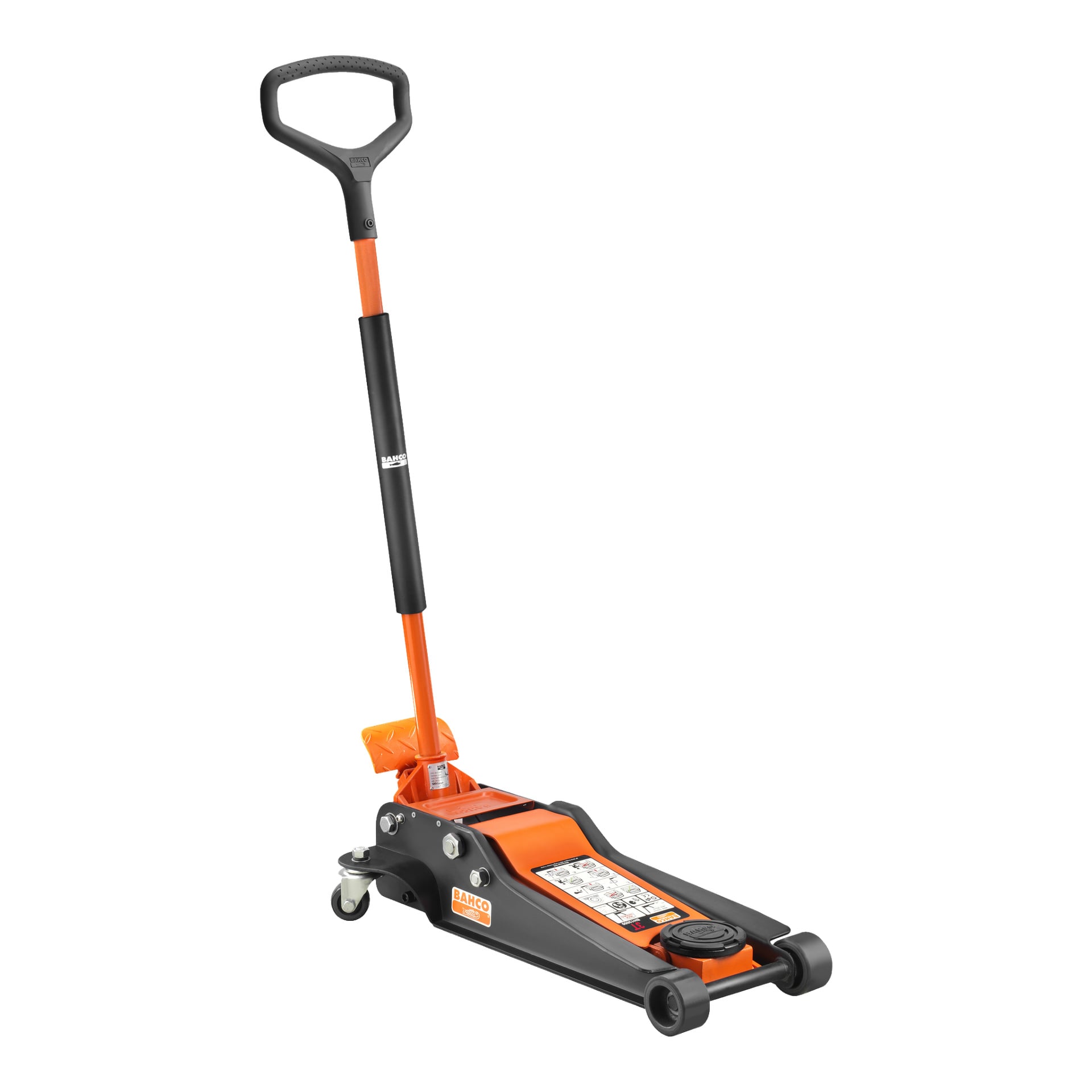 Bahco High-lifting-domkraften BH13000 är en svart och orange hydraulisk golvdomkraft med långt handtag, två framhjul och två bakre svängbara hjul, byggd för att lyfta fordon för service eller reparation.