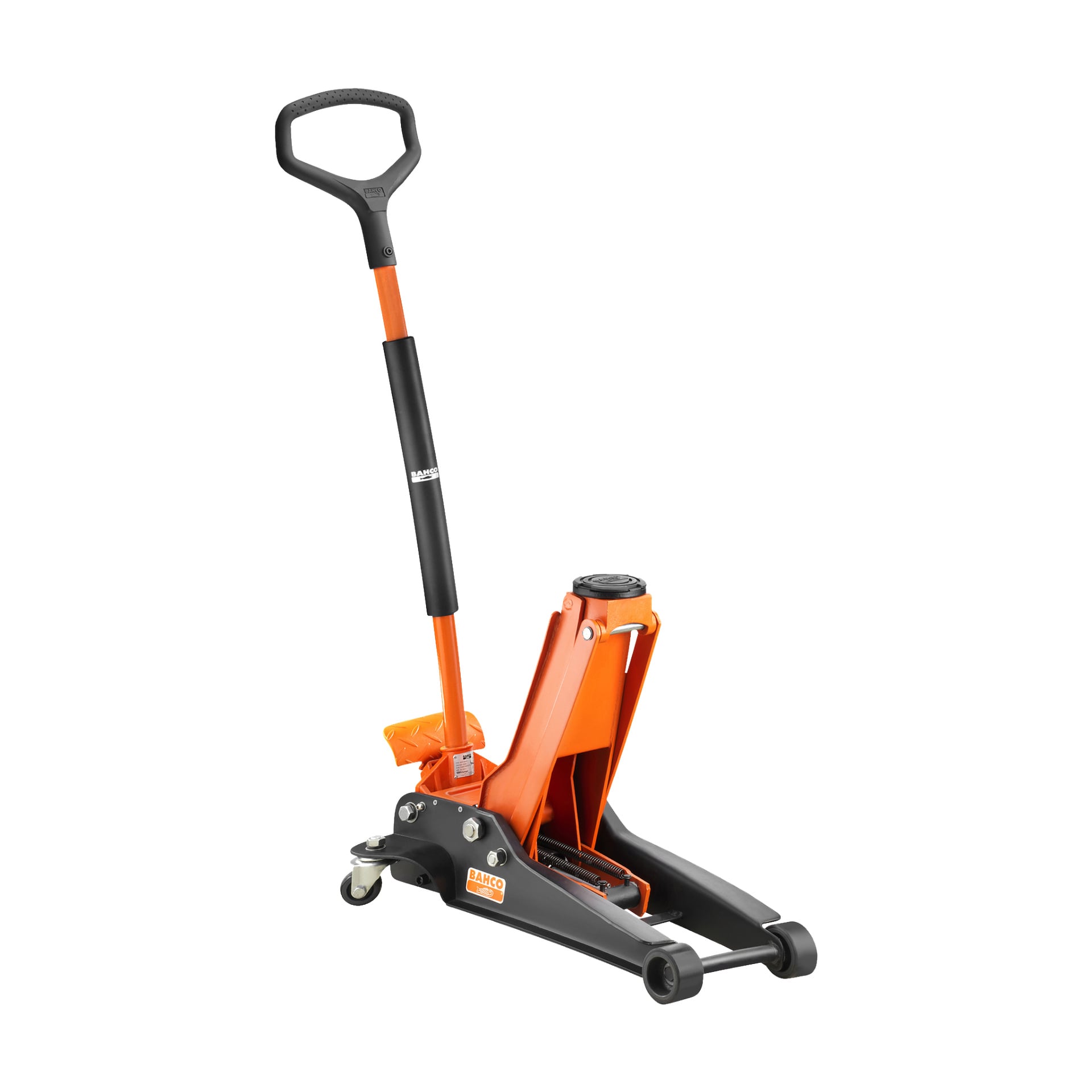 En Bahco BH13000 höglyftande domkraft i svart och orange, utrustad med ett högt upprätt handtag, två hjul fram och en lyftplatta designad för att lyfta fordon eller tunga föremål.