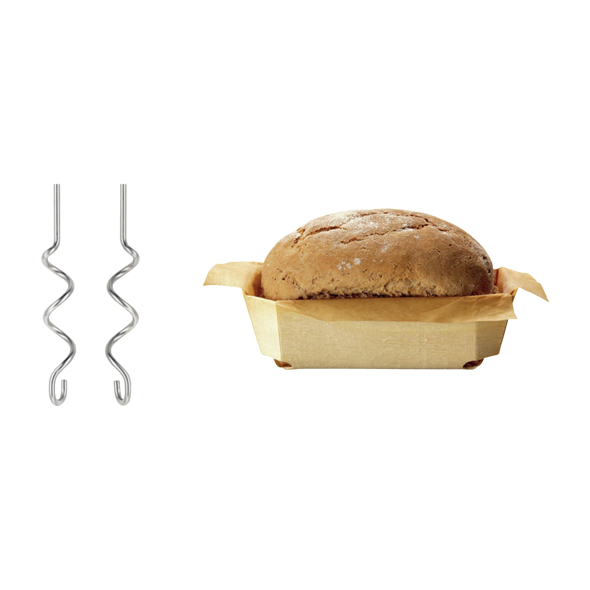 Til venstre er det metallkroker designet for Bosch Home Electric Hand Mixer MFQ2420B, og til høyre ligger et nystekt brød i et rektangulært brett med pergament.