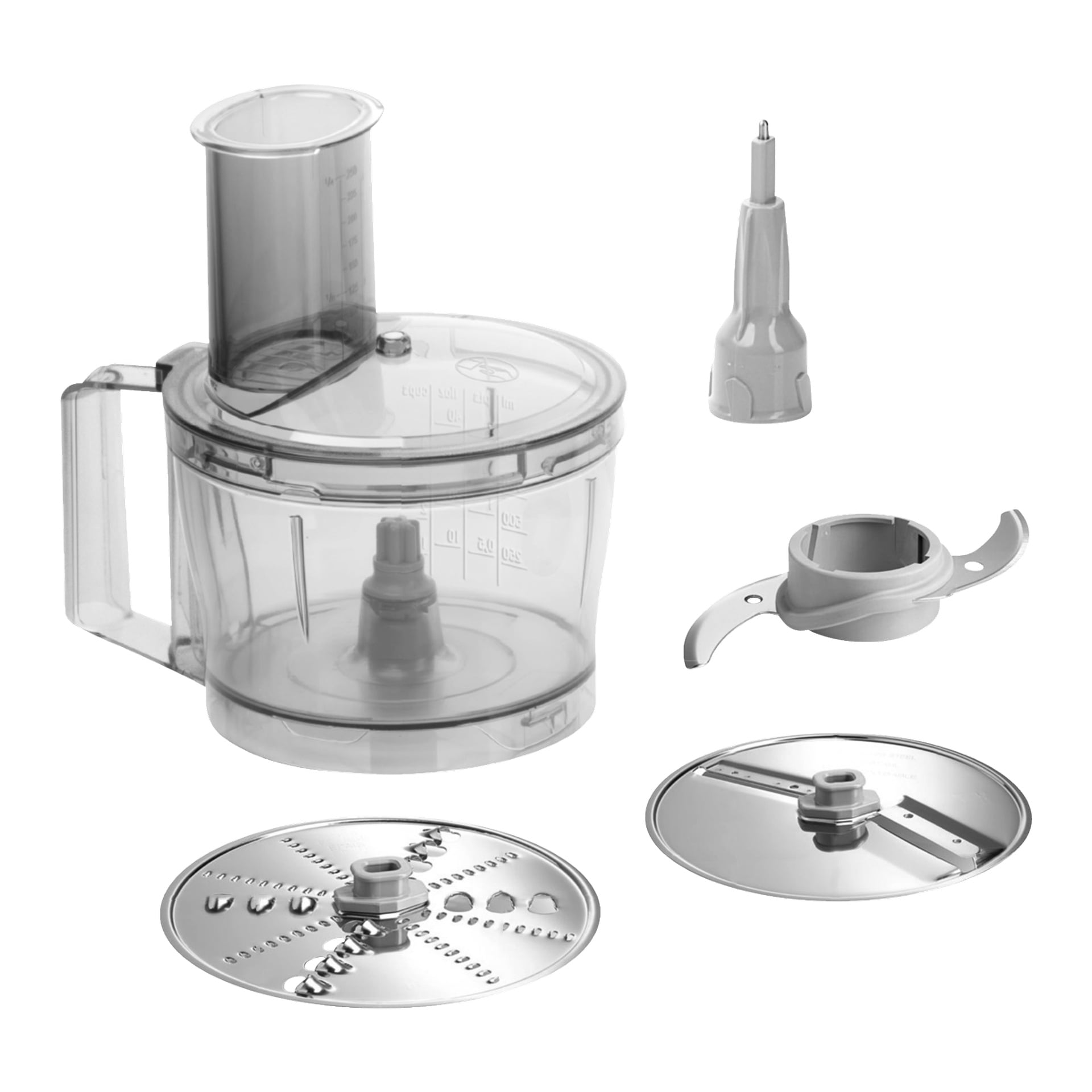 Bosch Home Food Processor MCM3110W visas med en transparent skål som har handtag och lock, samt tillbehör som hackblad, visp, skivskiva och rivskiva.