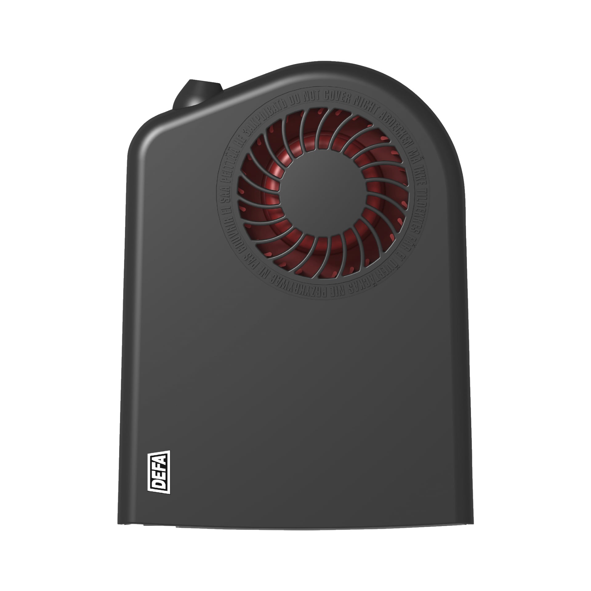 En svart, rektangulär Defa Car Heater Termini 1000 med mjukt rundade övre kanter. Den har en framträdande röd cirkulär ventil nära övre högra delen av framsidan och DEFA-logotypen syns i vitt i nedre vänstra hörnet.