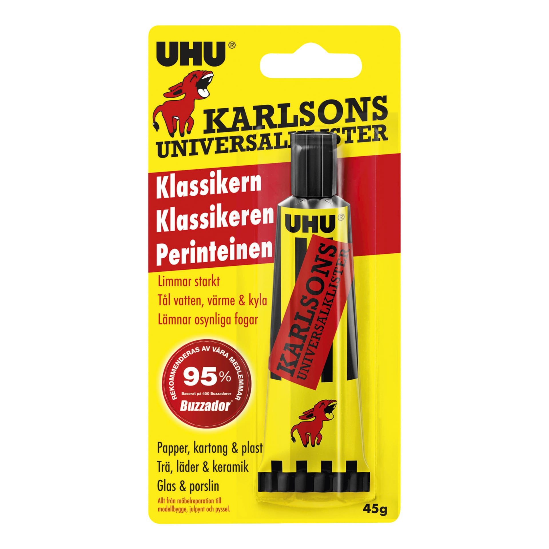 En tube med Karlson's lim fra UHU i en gul og rød blemmepakke. Emballasjen fremhever dens sterke bindingsstyrke for materialer som papir, papp, plast, tre og keramikk.