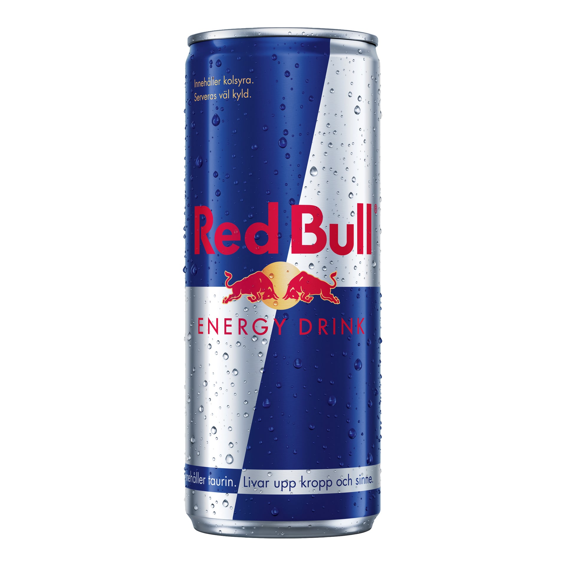 En hög, blå och silverfärgad burk med Red Bull med vattendroppar på ytan och den ikoniska logotypen, tillsammans med text.