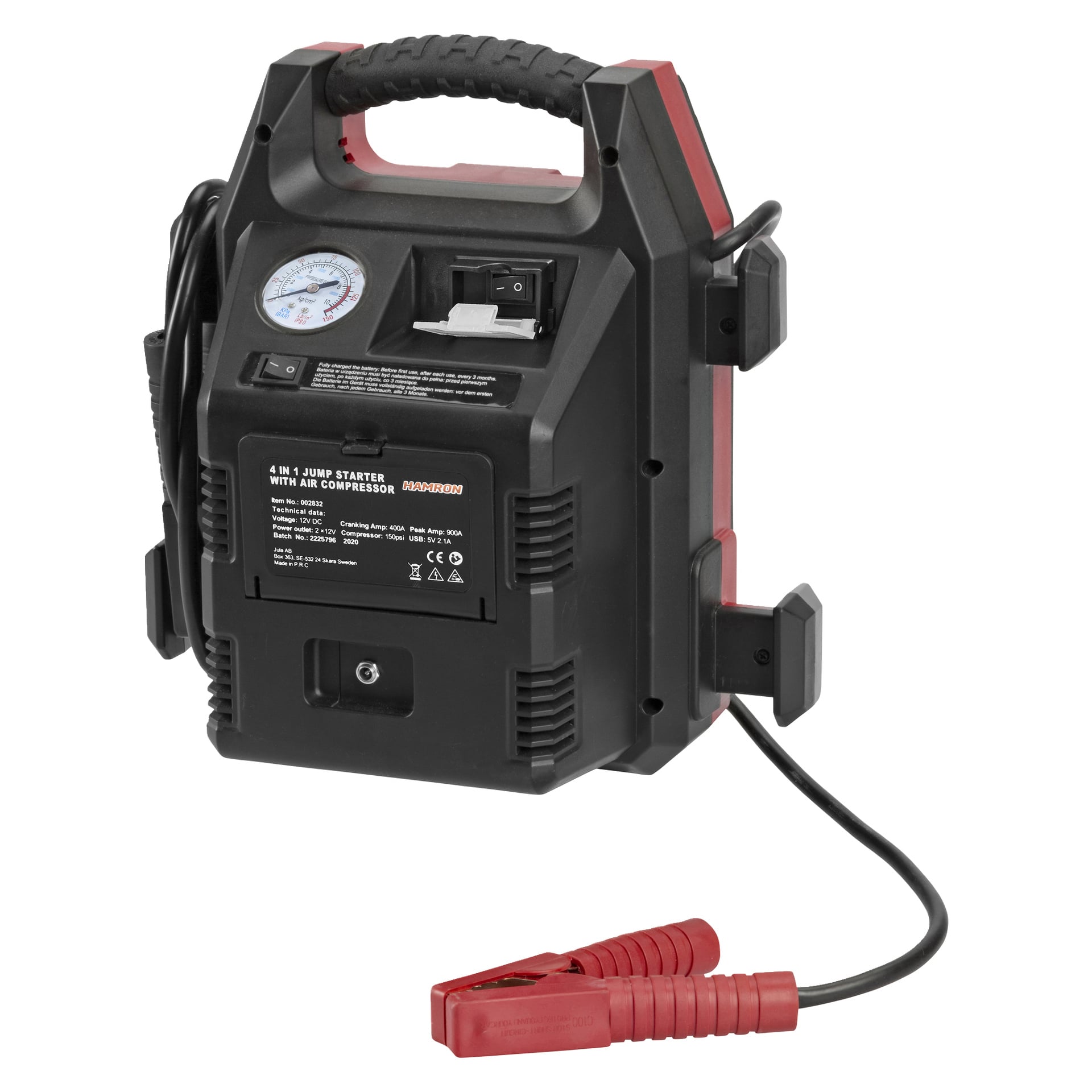 Hamron Jumpstarter 4-i-1, en kompakt svart og rød enhet med innebygd luftkompressor, trykkmåler, håndtak og tilknyttede startkabler. Frontpanelet viser etiketter og sikkerhetsinformasjon med tekst som Advarsel og andre instruksjoner i anførselstegn.