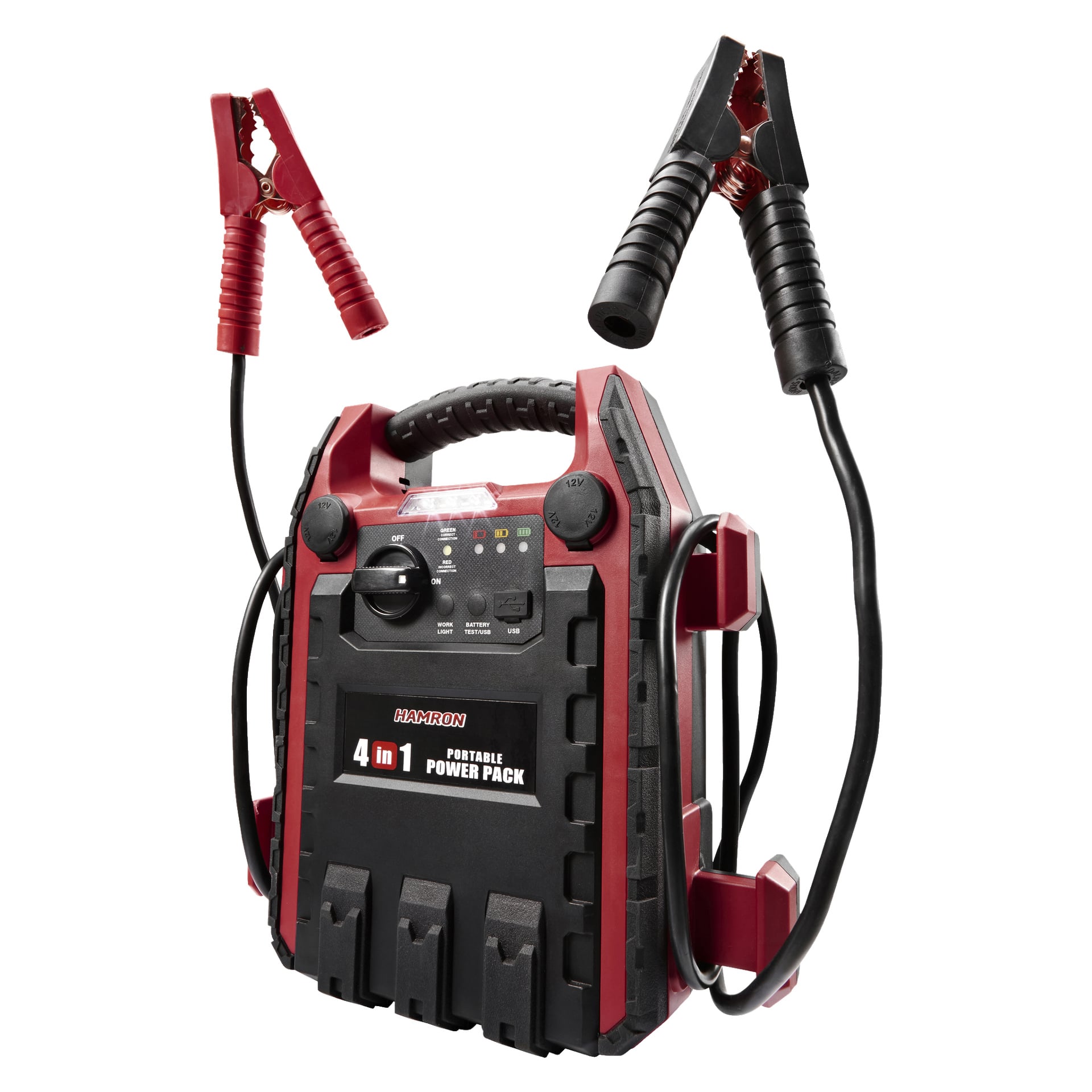 Hamron Jump starter 4-i-1 er en kompakt strømpakke med håndtak, kontrollpanel og to sammenkoblede startkabler med klemmer. Den inkluderer flere inngangs- og utgangsporter og er merket 4 i 1.
